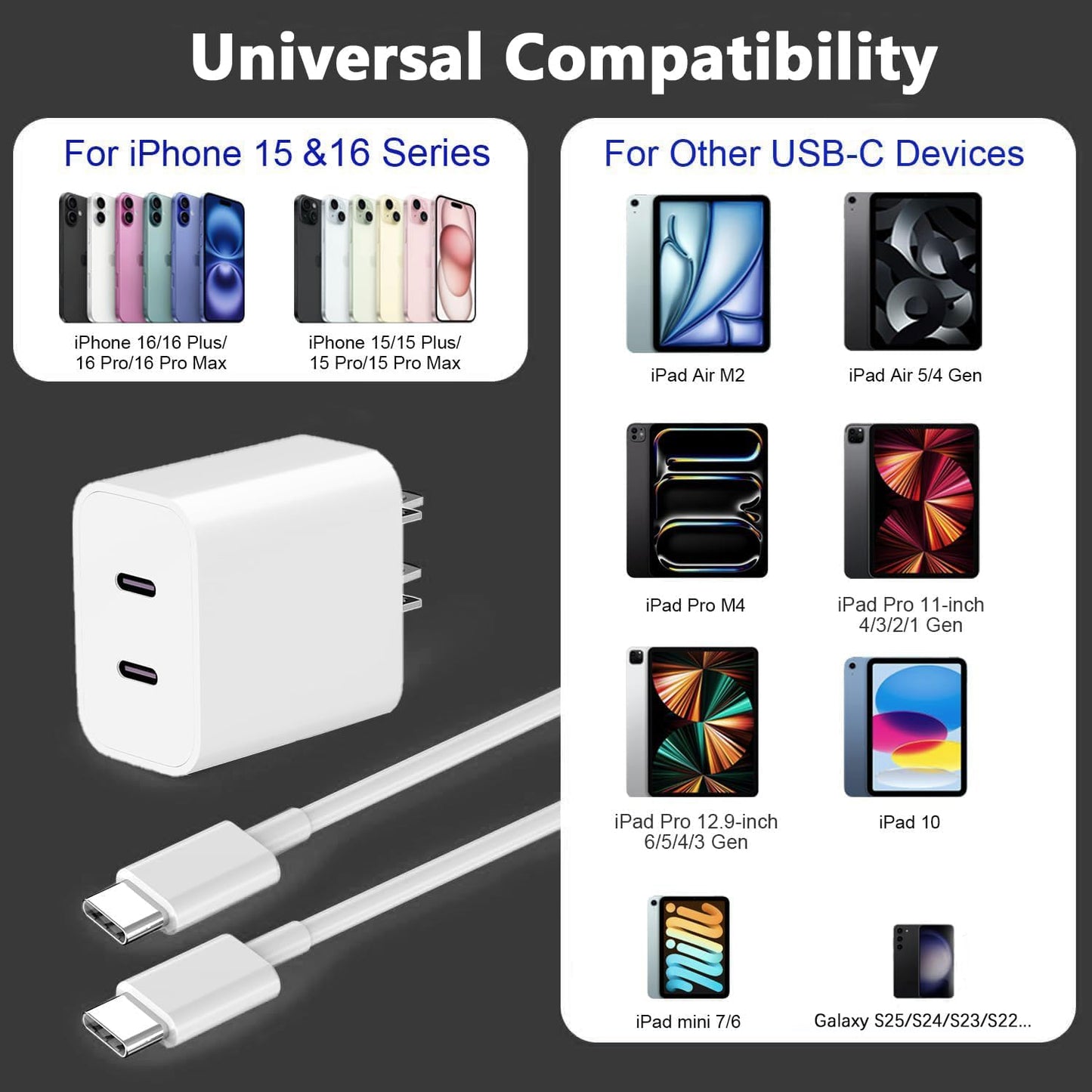 Charger for iPhone 16 15,Fast Dual Port USB C Charger Block,Double Type C Apple Wall Power Adapter Plug,10FT Quick USB C to C Charging Cable for iPhone 16/16 Pro Max/16 Pro/15 Pro/15 Plus,iPad Pro/Air