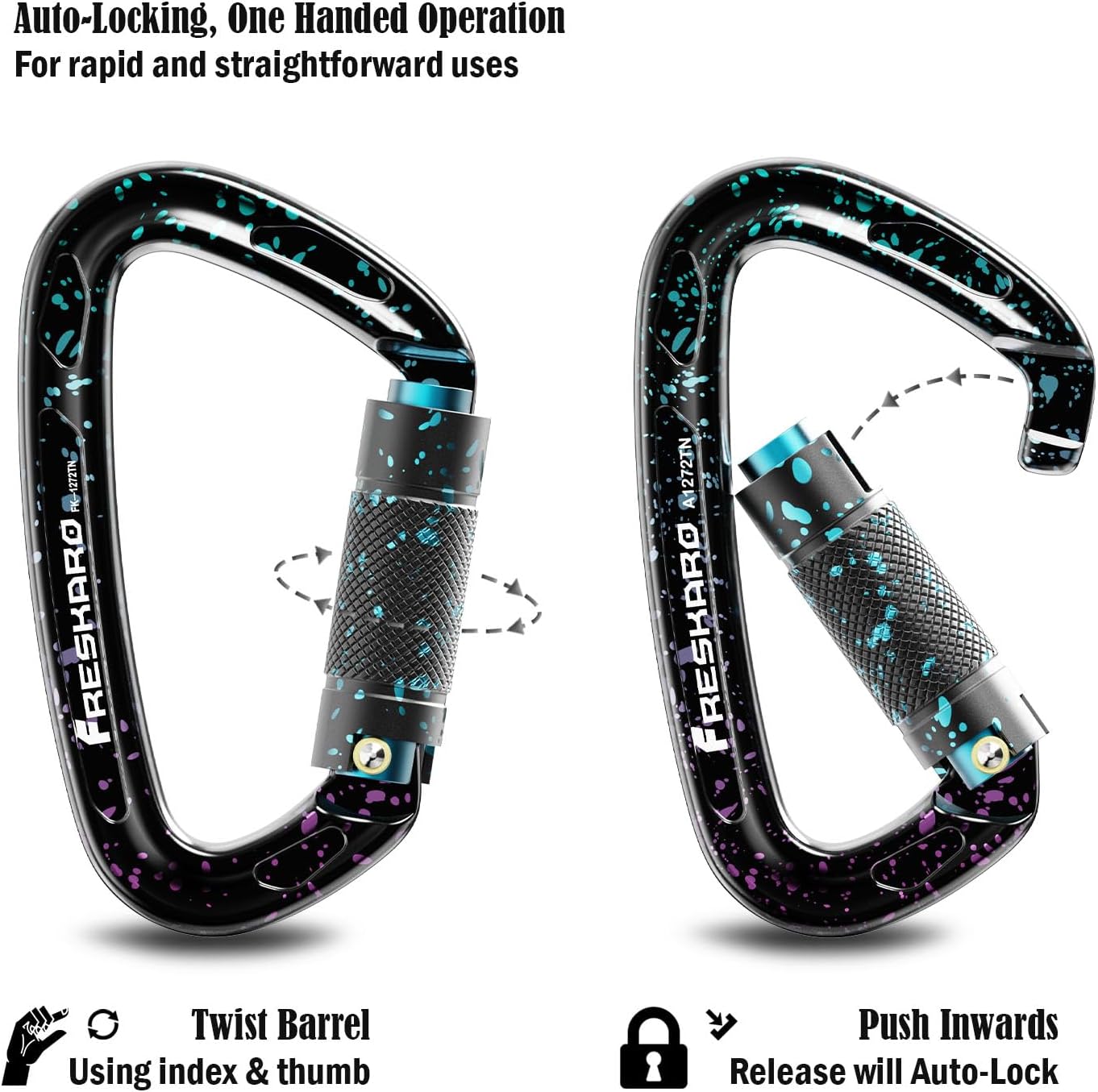 FresKaro UIAA Certified 25KN Auto Locking Climbing Carabiner Clips, Twist Lock, and Heavy Duty Carabiners for Rock Climbing, Rappelling, and Mountaineering, D Shaped