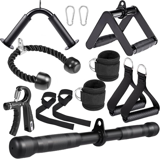 10-in-1 Cable Machine Attachments Set for Gym - Includes Tricep Rope, V-Bar, Straight Bar, D-Handle, Ankle/Wrist Straps, Storage Bag - Compatible with LAT Pulldown & Home Gym Cable Machines