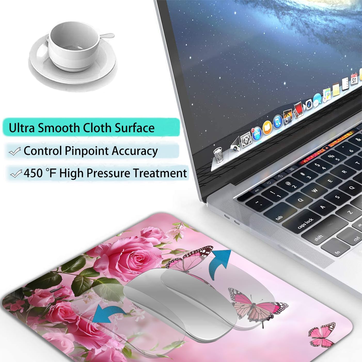 Cute Butterfly Pink Rose Flower Custom Mouse Pad with Non-Slip Rubber, Small Square Design for Wireless Laptop & Computer Mouse Pads for Desk, 9.5 x 7.9 inch Smooth Surface for Gaming & Office