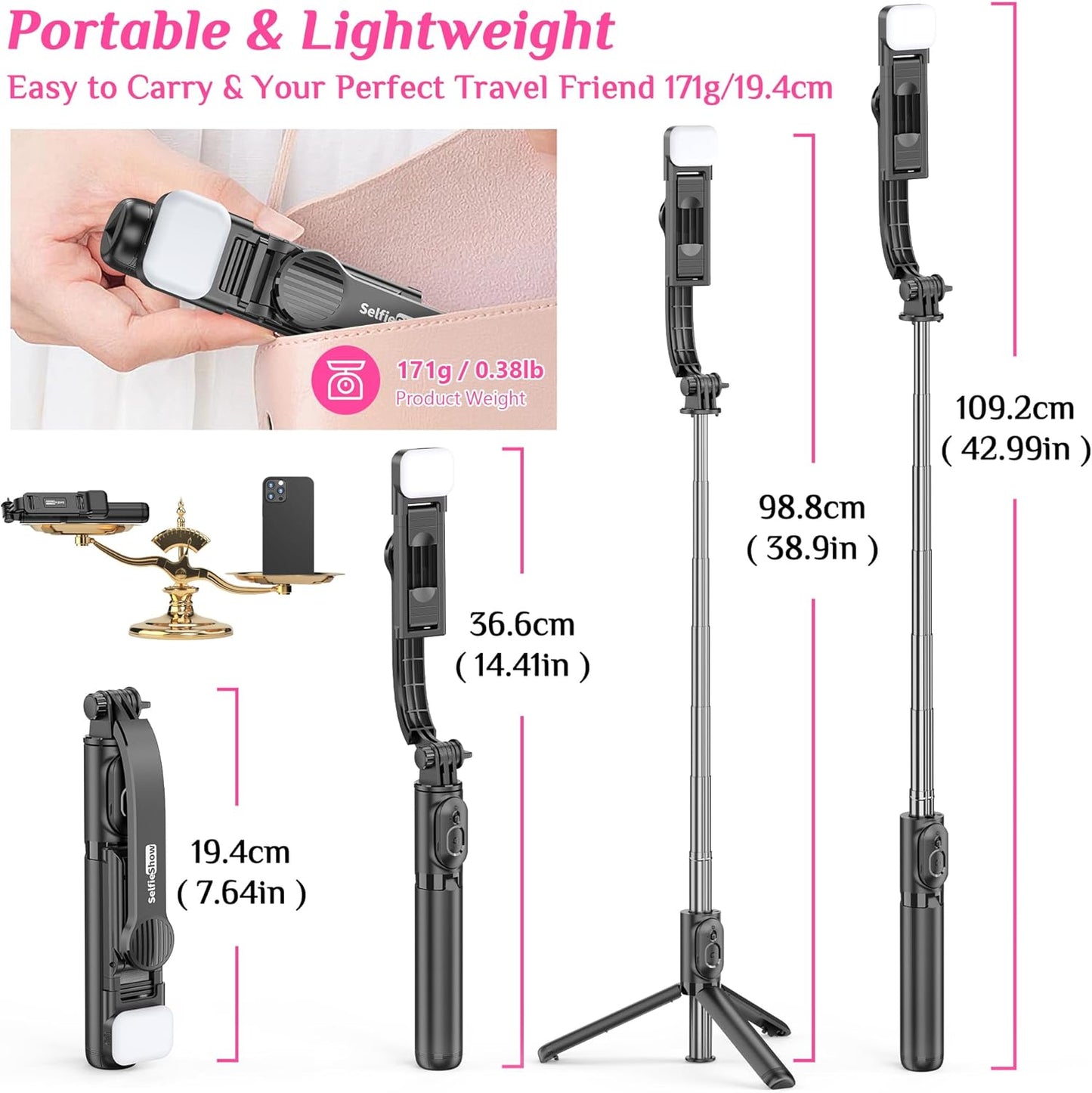 Selfie Stick Tripod with Fill Light, All in One Extendable Selfie Stick with Detachable Wireless Remote, Flexible Phone Tripod Stand Compatible with iPhone/Galaxy, Compact Size & Lightweight
