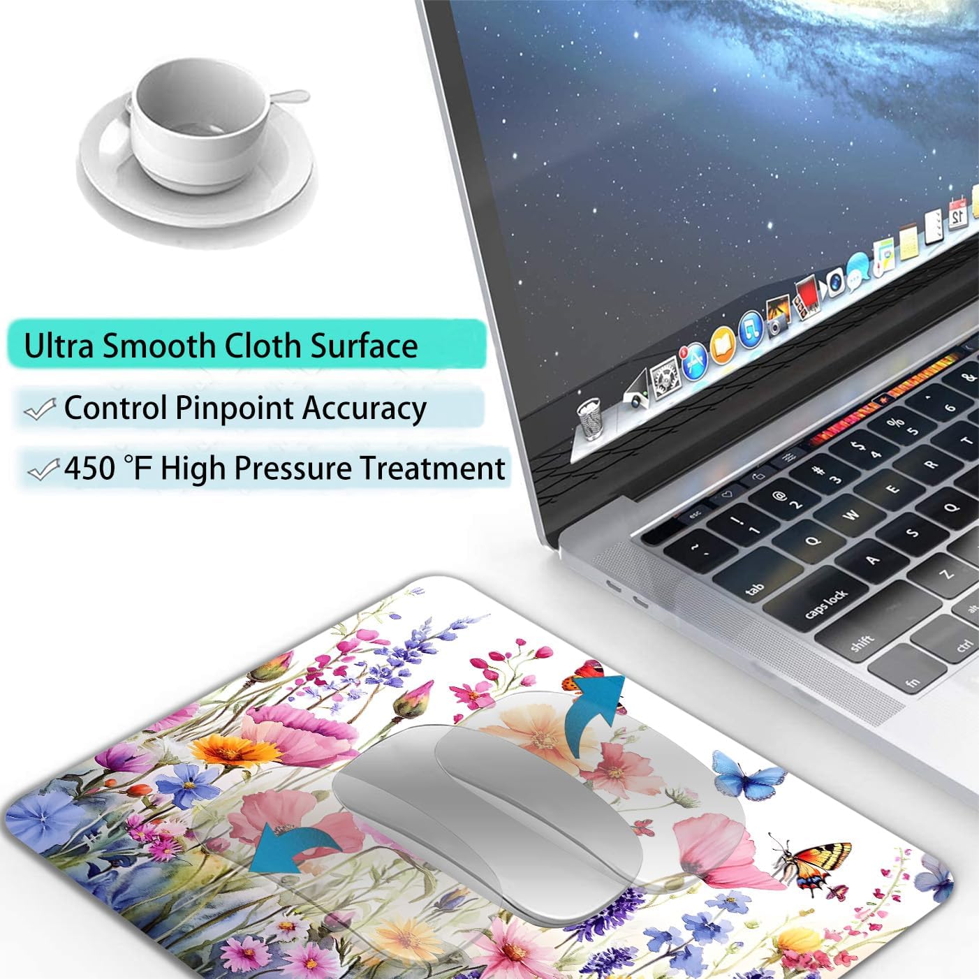 Colorful Wildflowers Floral Butterfly Custom Mouse Pad with Non-Slip Rubber, Small Square Design for Wireless Laptop & Computer Mouse Pads for Desk, 9.5 x 7.9 inch Smooth Surface for Gaming & Office