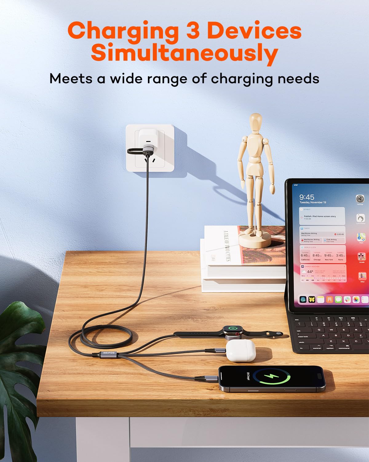 3 in 2 Multi Charging Cable for Apple Watch Charger, Nylon Braided 4FT Multi Chargers for All Devices, USB C Multiple Charger Cord Compatible with iPhone 16 15 14/iWatch UItra/SE/9-1/Galaxy Android