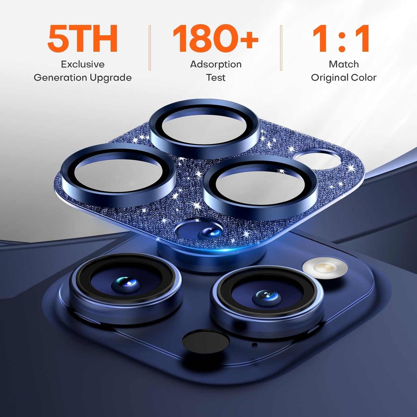 Camera Lens Protector for iPhone 16 Pro Max/16 Pro/15 Pro Max/15 Pro/14 Pro Max/14 Pro, Aluminum Alloy Sapphire Glass Camera Screen Cover, Case Friendly- Glitter Blue