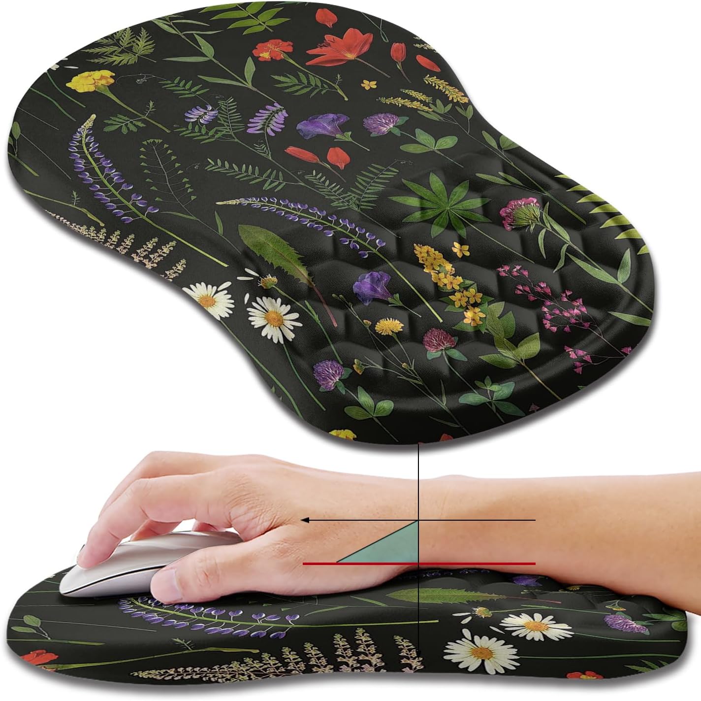 Hokafenle Ergonomic Mouse Pad Wrist Support, Wrist Rest Mousepad for Carpal tunnel Pain Relief with Integrated Memory Foam Slope Massage Bulge (11.8x7.9 inch,Flowers