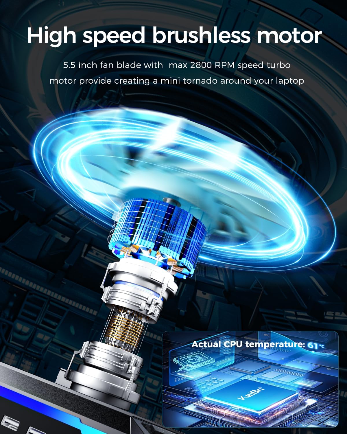 KeiBn Gaming Laptop Cooling Pad, Laptop Cooling Stand with 5.5inch External Cooling Fan, Rapid Cooling Laptop 15.6-19.3inch, Infinitely Variable Speed, 8 Height Stands, 4 USB Ports, Blue