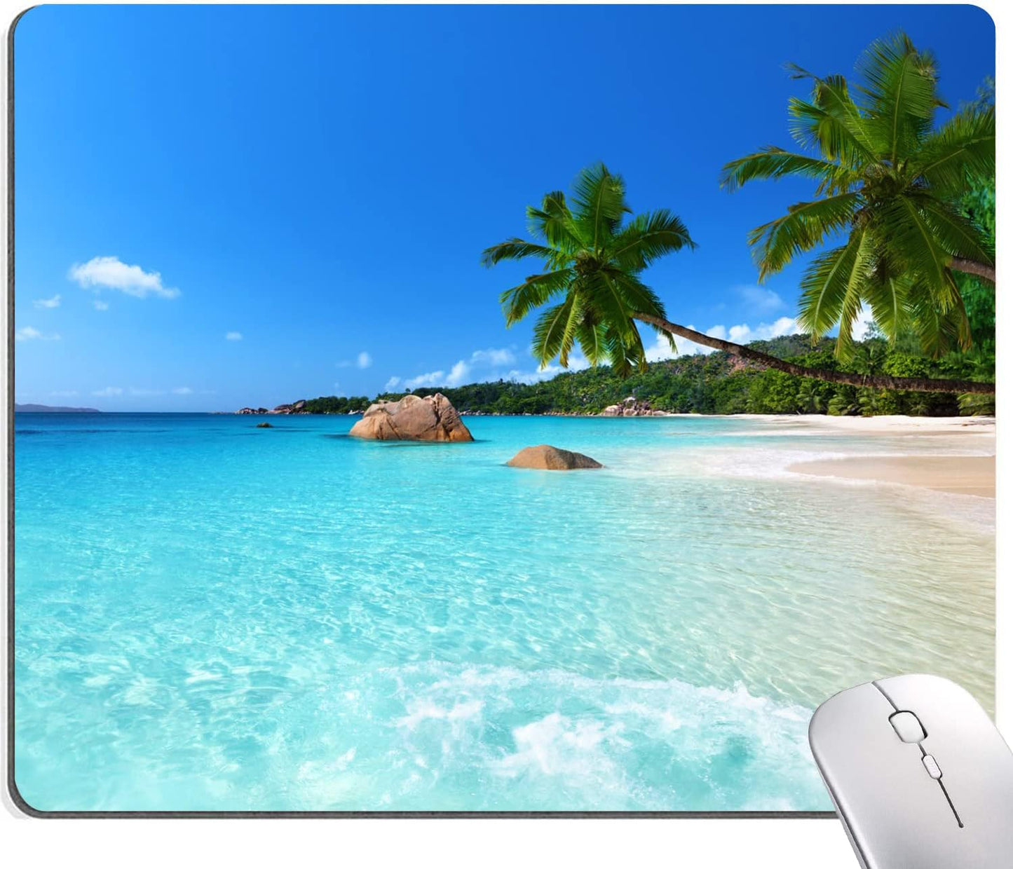 Hokafenle Mouse Pad, Square Beach Style Anti-Slip Rubber Mousepad for Gaming Office Laptop Computer PC Men Women Kids, Cute Custom Pattern, Beach and Coconut Trees Design