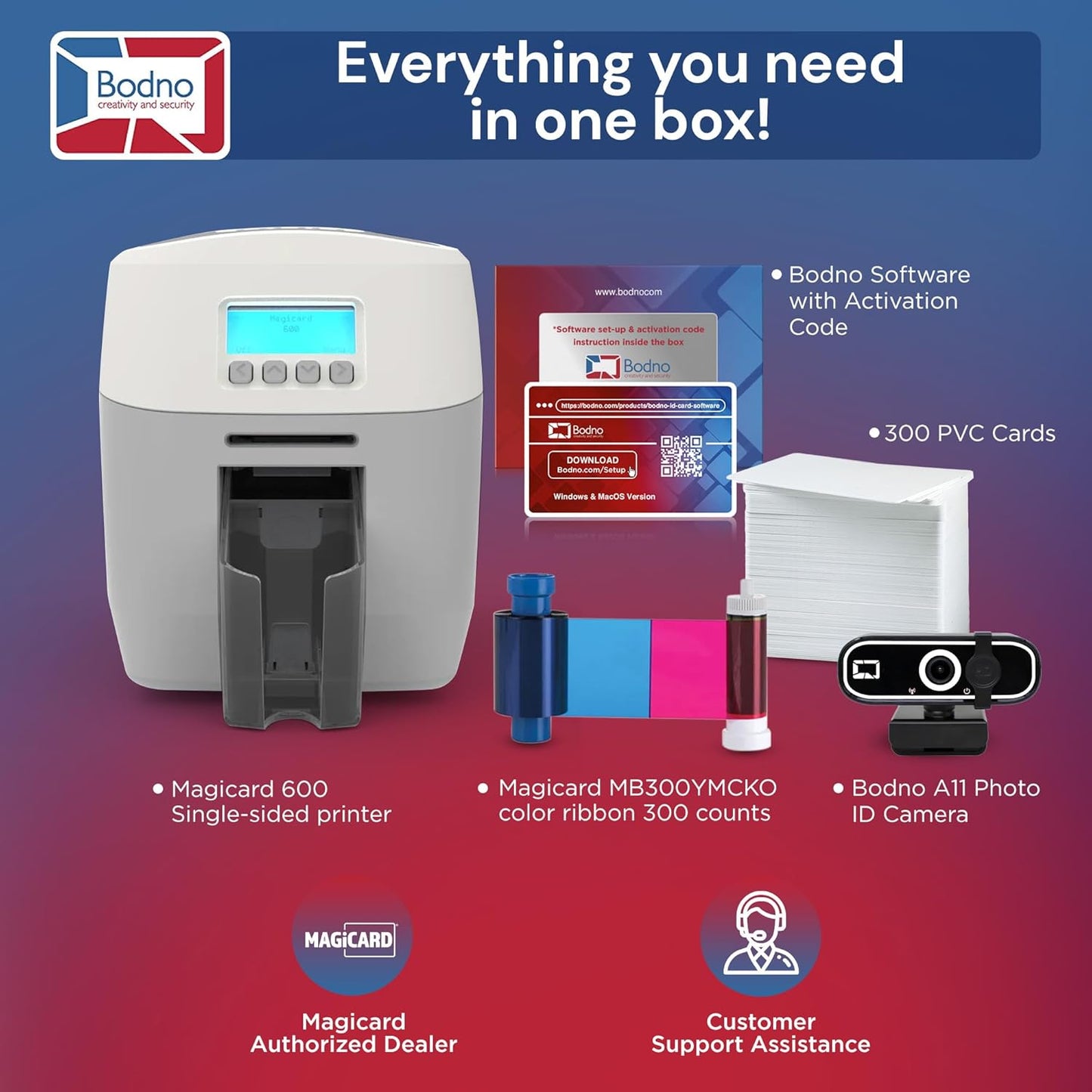 Bodno Magicard 600 Single Sided ID Card Printer & Complete Supplies Package ID Software - Silver Edition