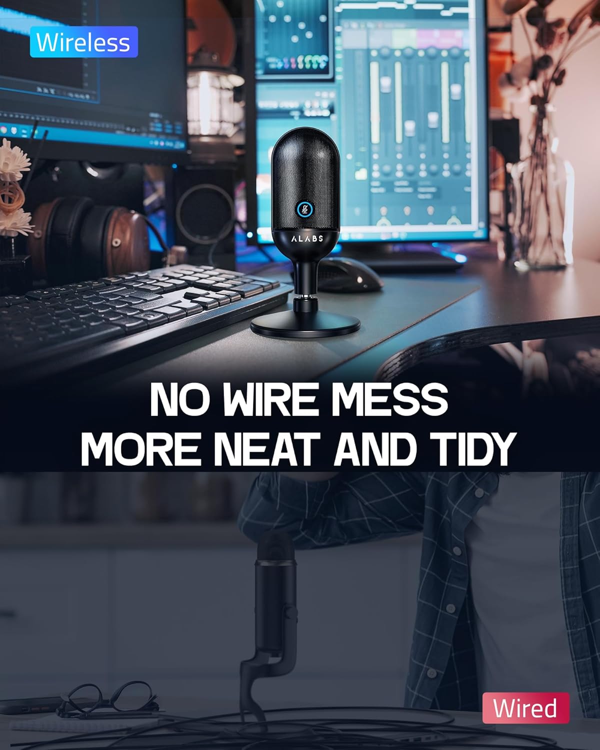 ALABS USB Wireless Cardioid Condenser Microphone for Podcast,Gaming and Home Office,100ft Signal Transmission Distance,Streaming Mic with LED Quick Mute Indicator and Noise Cancelling for PC,Mac