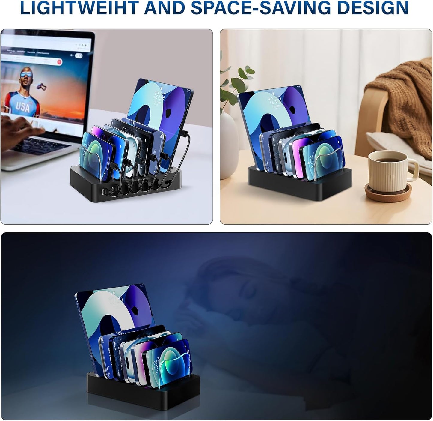 Charging Station for Multiple Devices: 68W 6 Port 20W Fast Phone Charger Dock with 6 Cables, Compatible with Apple Cellphone iPad iPhone Tablet and Other Electronic (Black)