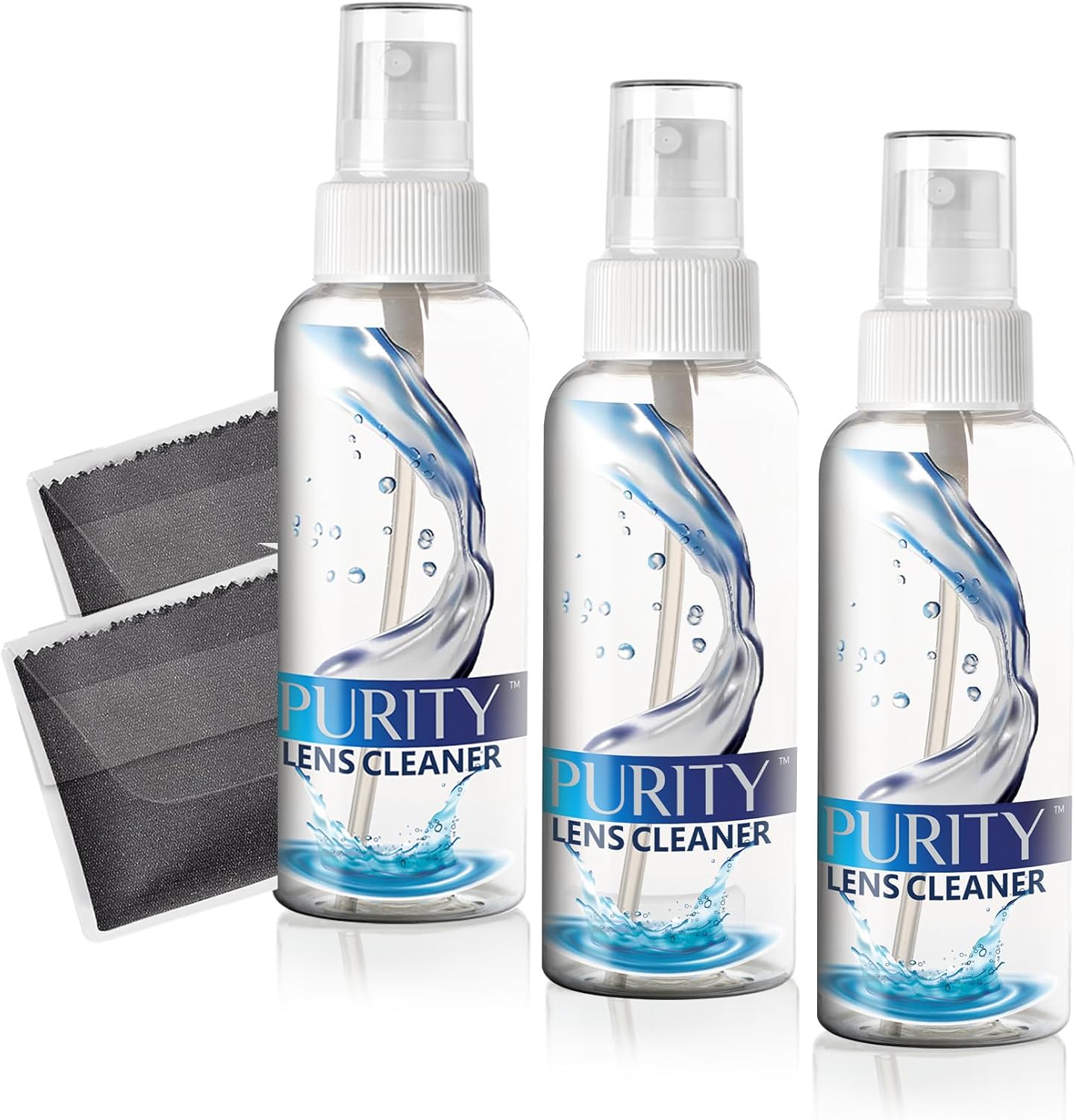 Purity Eyeglass Lens Cleaner Kit - 3 x 2oz Travel Size Lens Cleaner Spray Bottle + 2 Microfiber Cleaning Cloths - Safe for All Lenses (AR Coated Included), Eyeglasses and Screens - Clear