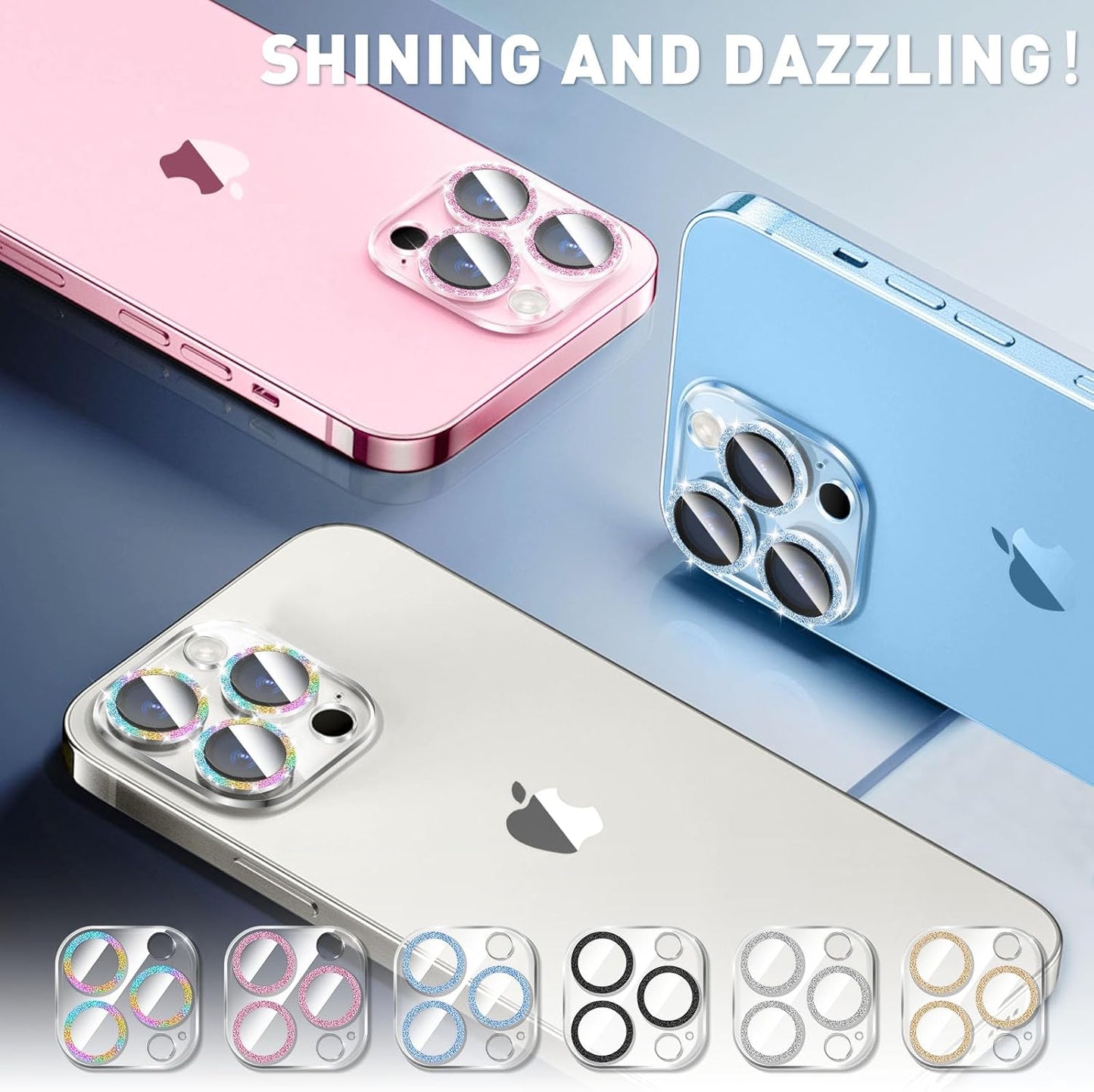 LucBuy 3PCS Sparkling Camera Lens Protector for iPhone 12 Pro Max, Full Clear Acrylic Lens Cover with Shiny Colorful Glitter Designed Decoration Back Camera Protector