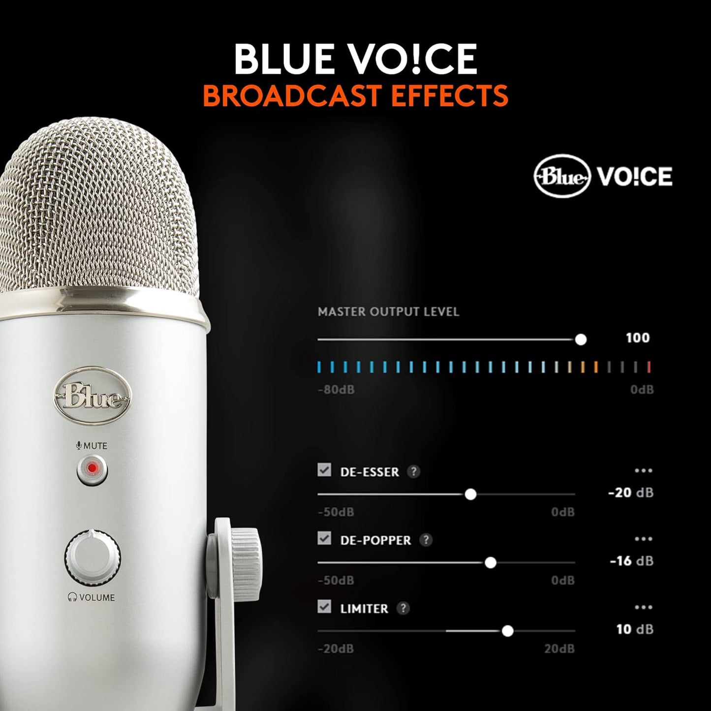 Blue Microphones Yeti Silver USB Mic for Recording, Streaming & Gaming on PC and Mac with Blue Voce Effects 4 Pickup Patterns, Headphone Output, Volume Control, Mic Gain Control, & Adjustable Stand