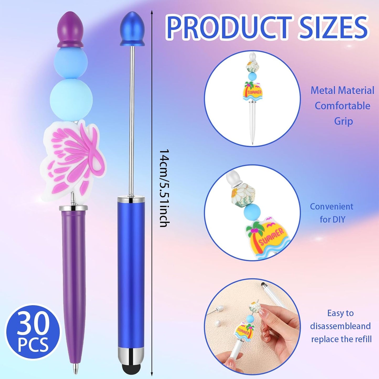 Qilery 30 Pcs Beaded Pens with Stylus Tips Plastic Beaded DIY Stylus 2-in-1 for Rubber Touch Screen Handwriting Ballpoint Pen 1.0mm, Black Ink, Office Supplies(Colorful)