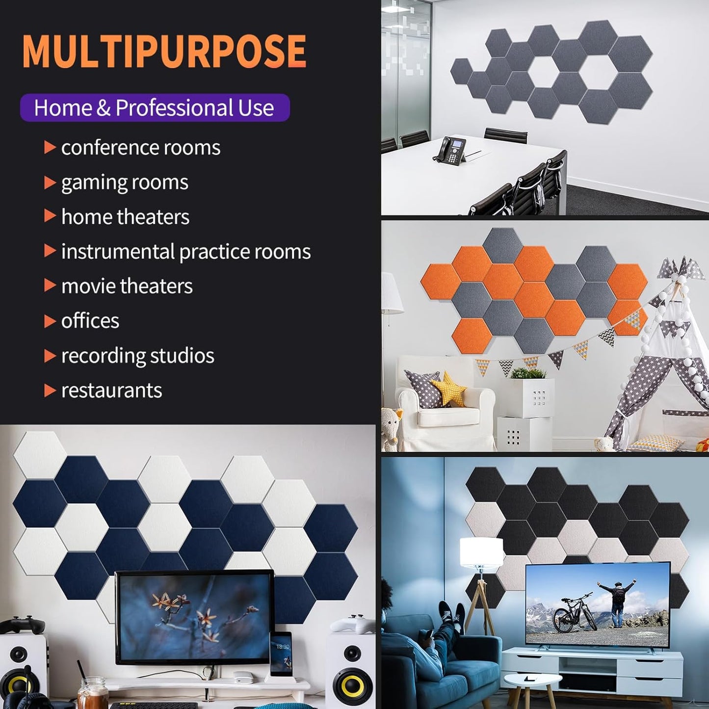 Mollywell Hexagon Acoustic Panels, High Density, Soundproofing, Decorative Noise Reduction Felt Wall Tiles for Ceilings, Home Office & Gaming Room (Deep Blue), 12x10x0.4 Inch