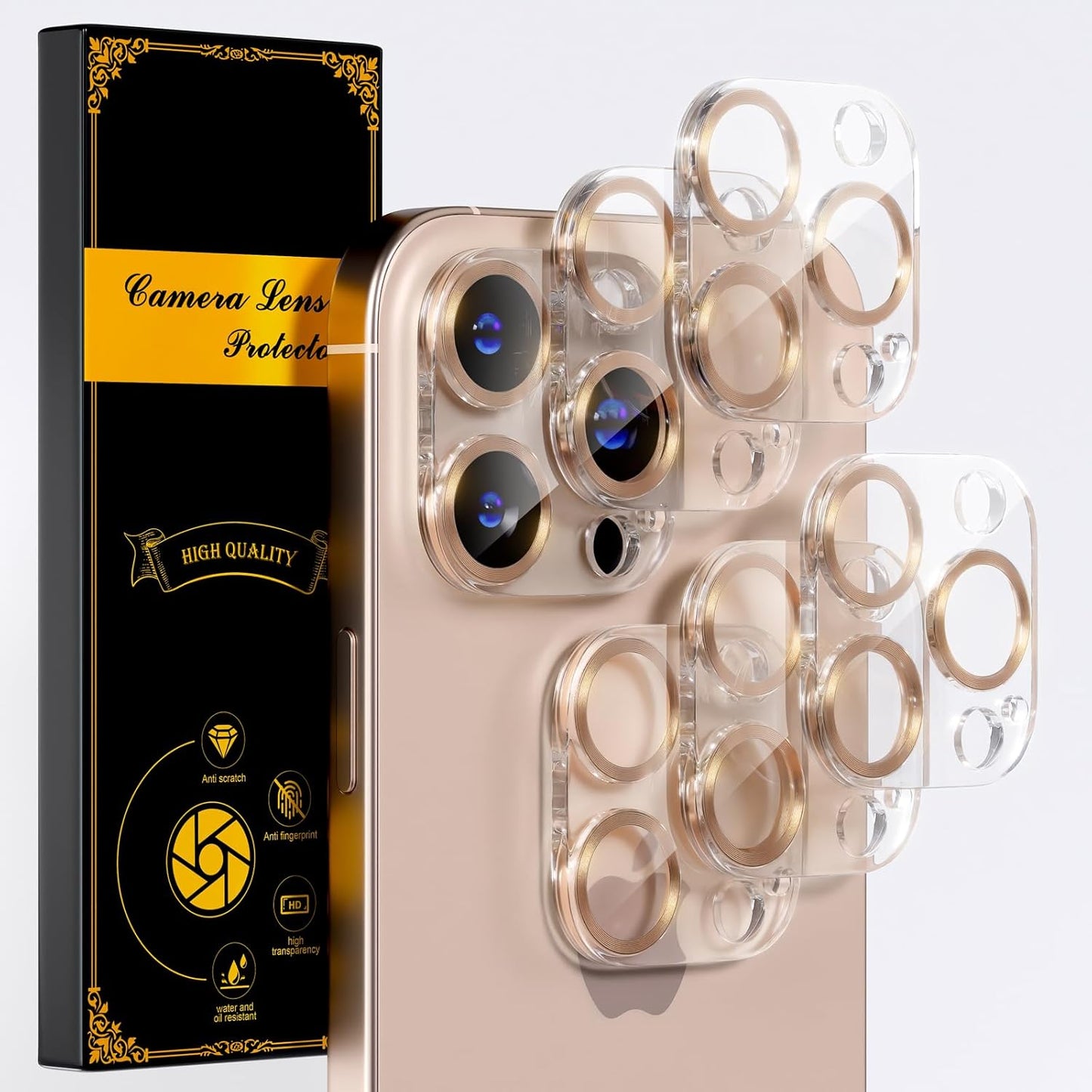 beuxece for 6 Pack iPhone 15 Pro/iPhone 15 Pro Max Camera Lens Protector [Drop Protection] [Case Friendly] [Easy Installation] 9H Tempered Glass Camera Screen Protector Cover, CD Gold
