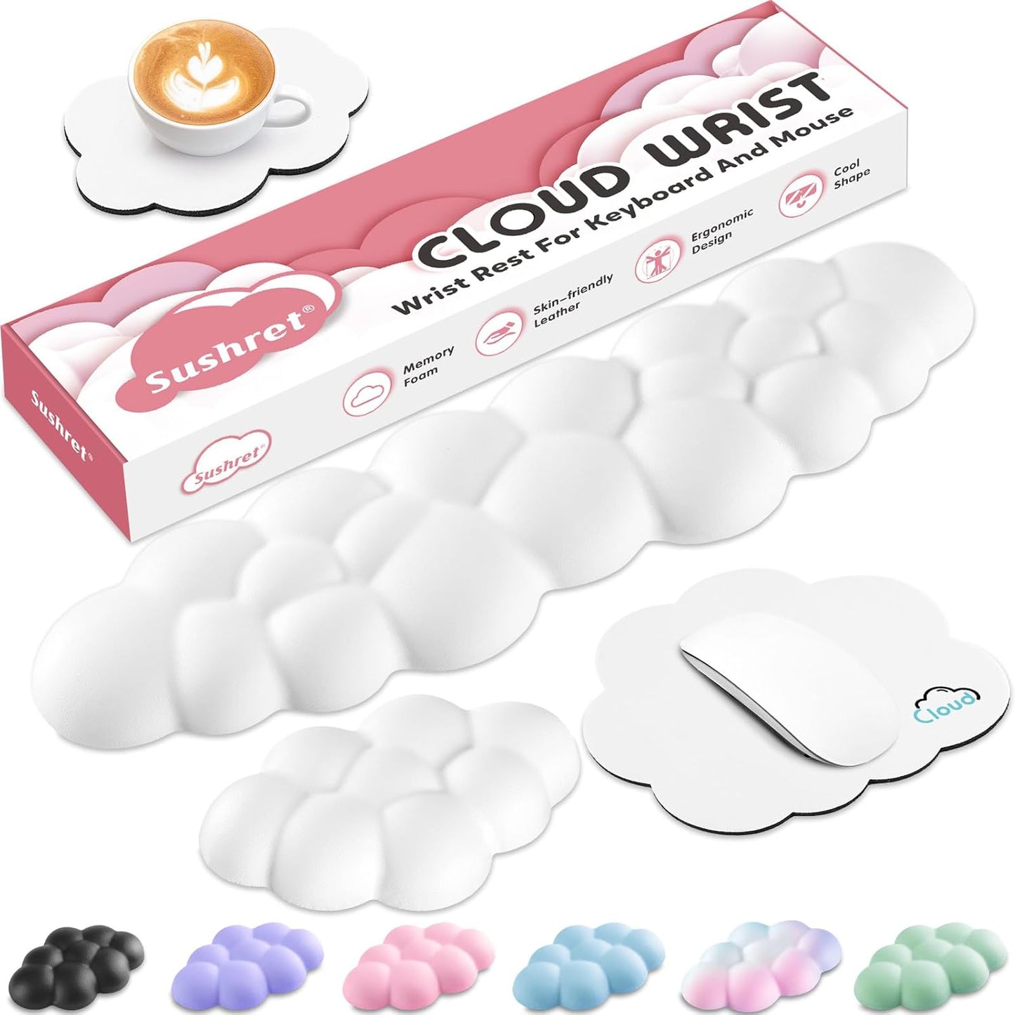 Cloud Wrist Rest for Computer Keyboard, 4-in-1 Memory Foam Leather Cloud Keyboard Wrist Rest and Mouse Pad Set with Ergonomic Support for Arm and Palm Cushion, Gaming/Work Setup, White
