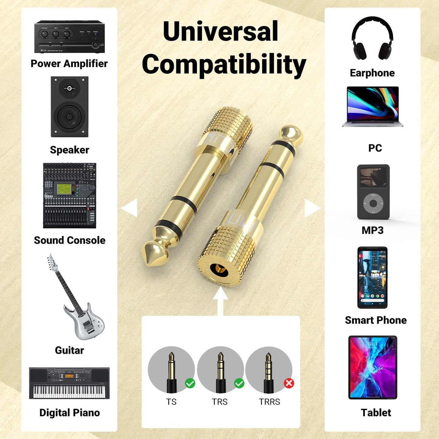 Cubilux 6.35mm to 3.5mm Audio Adapter, Gold Plated 1/4" Male to 1/8" Female TRS Stereo AUX Connector Converter for Guitar Keyboard Digital Piano Studio Monitor Amplifier Mixer Splitter, 3-Pack