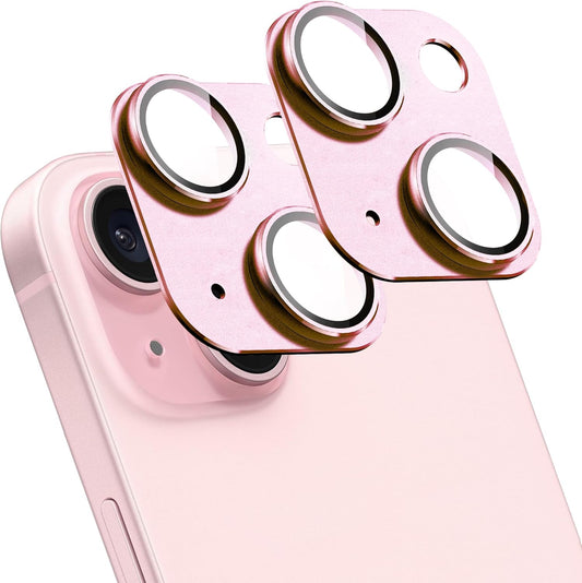2 Pack Camera Lens Protector for iPhone 15 / iPhone 15 Plus,[Not Easy to Breakn ] AR Tempered Glass Strong Adsorption Metal Camera Cover Screen-pink
