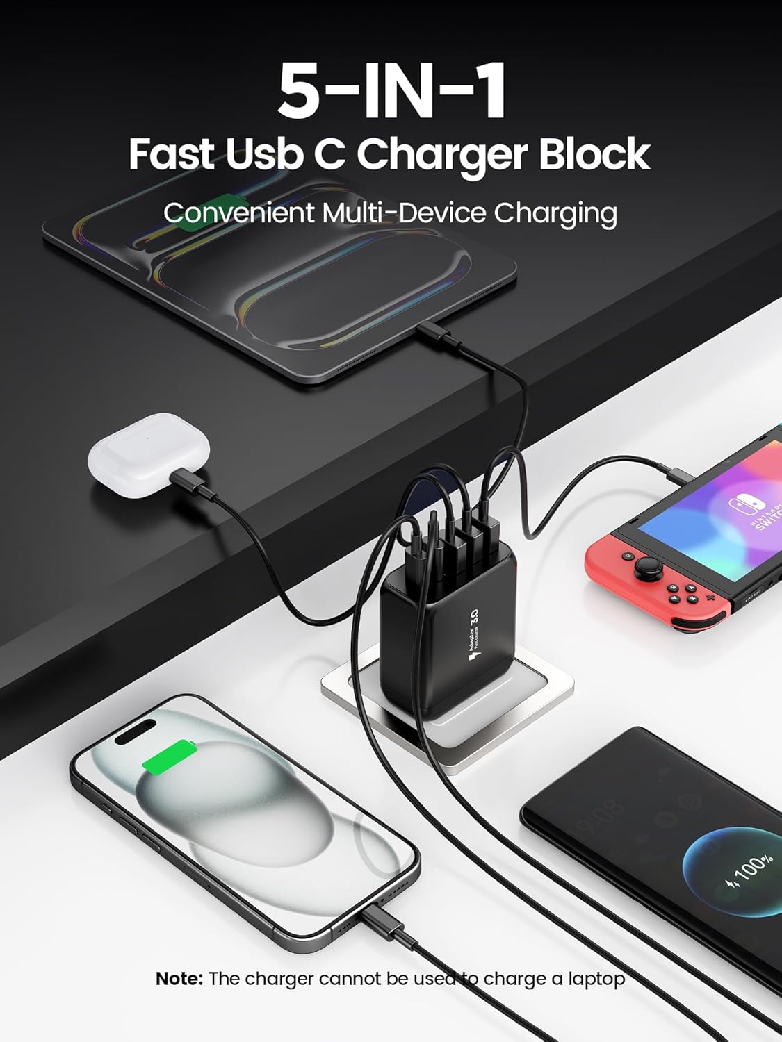 USB C Charger Block, [2-Pack] Type C Charger Fast Charging,50W 5-Port USB Wall Charger Multiport Type C Charging Block Cube for iPhone 16 15 14 13 12 11 Pro Max XS, iPad, Samsung & More-Black
