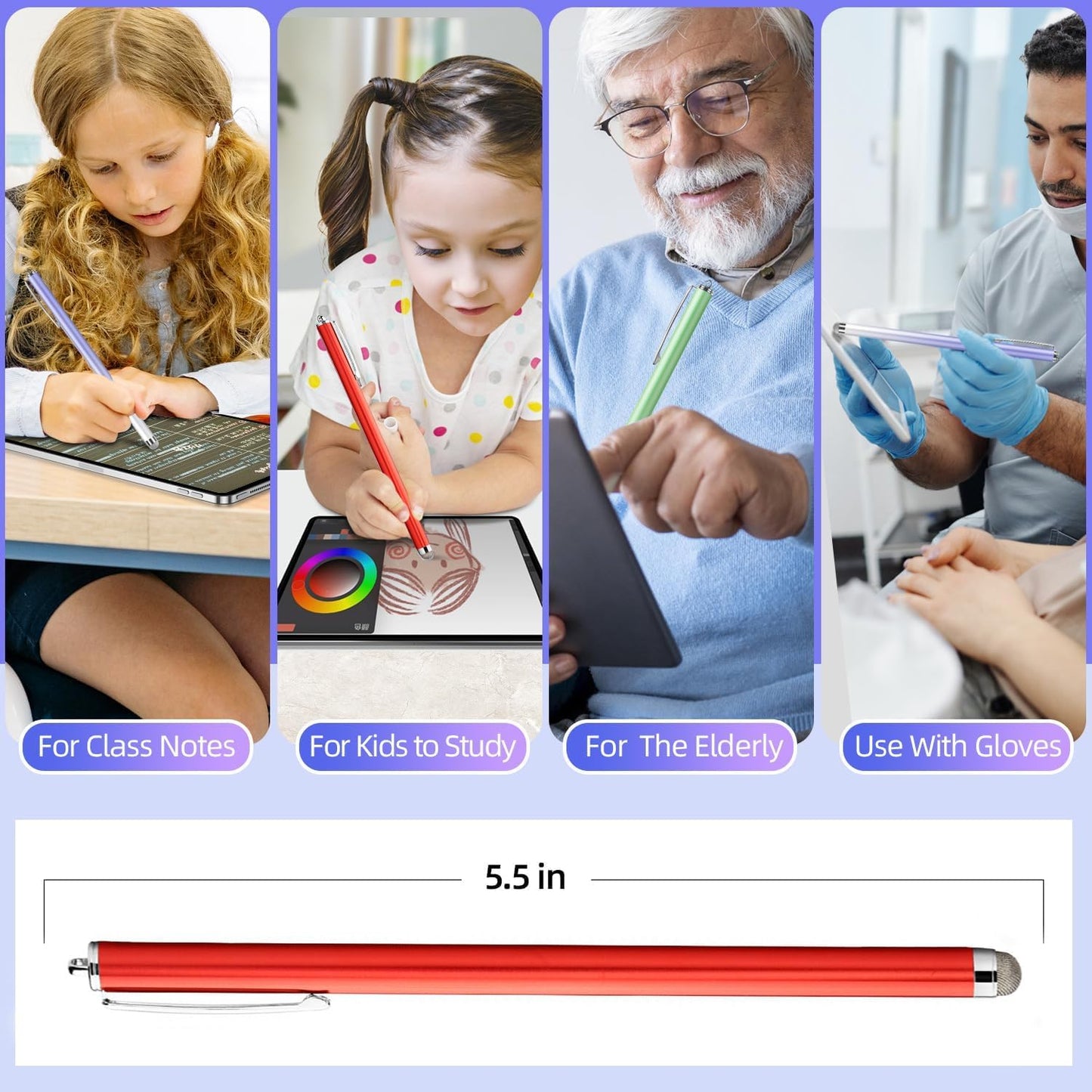 Extra Long Stylus pens for Touch Screens [5 Pack Fiber mesh Tips] Compatible for iPad iPhone Android Tablet Laptop Surface Chromebook High Sensitivity & Fine Point Capacitive Pen