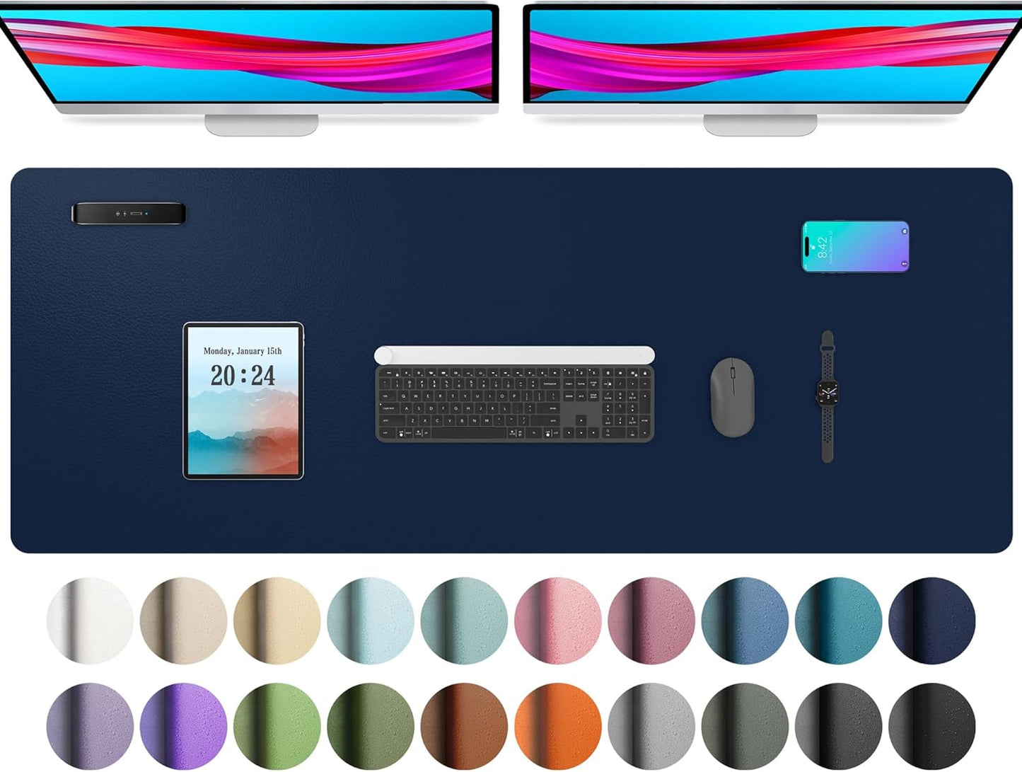 Aothia Leather Desk Pad Protector, Mouse Pad, Office Desk Mat, Non-Slip PU Leather Desk Blotter, Laptop Desk Pad, Waterproof Desk Writing Pad for Office and Home (48"x17", Dark Blue)