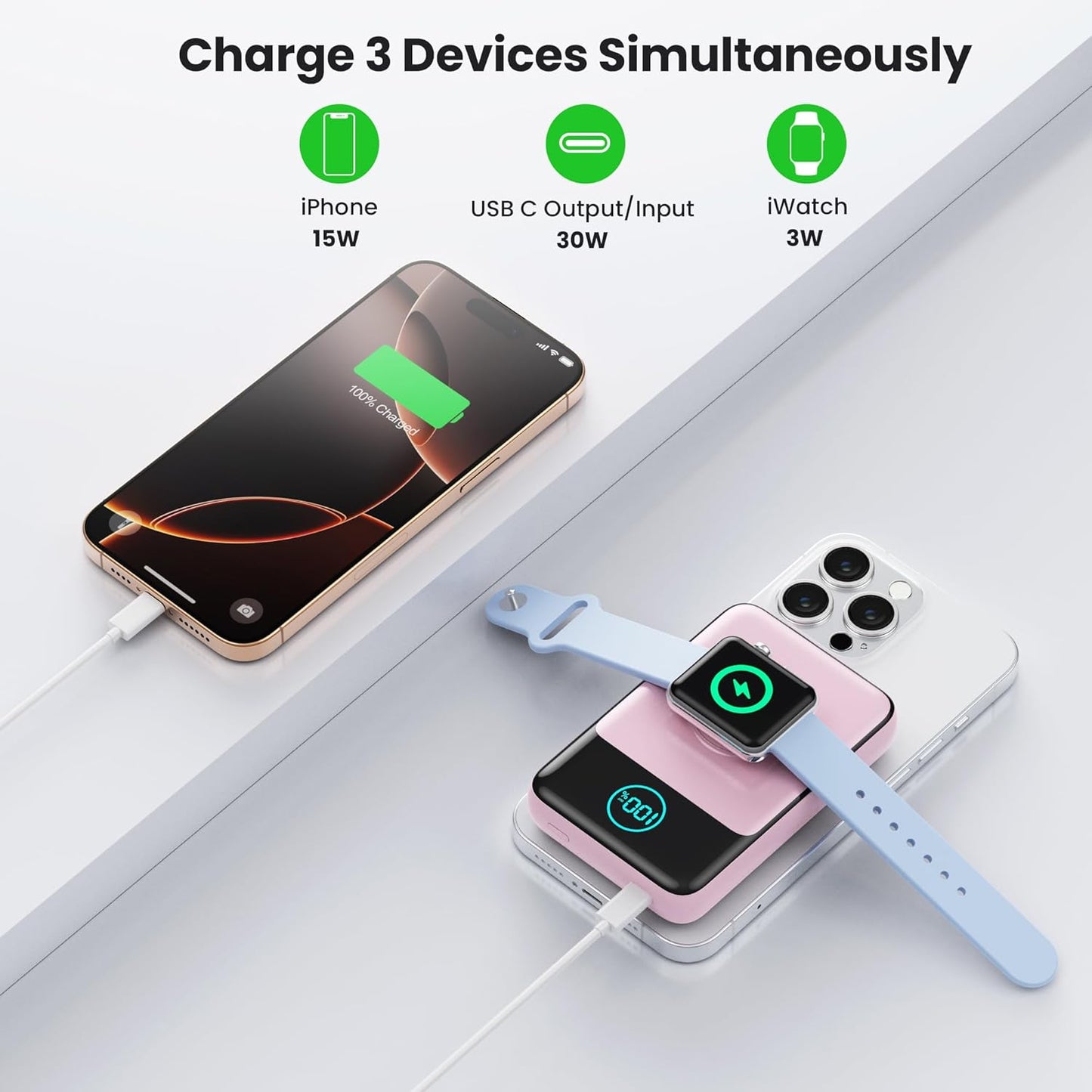 Magnetic Portable Charger for iPhone, 3-in-1 10800mAh Qi2 15W Wireless Power Bank with iWatch Charger,30W PD Fast Charging USB-C LCD Display Battery Pack for Magsafe,iPhone 16/15/14/13/12, Apple Watch