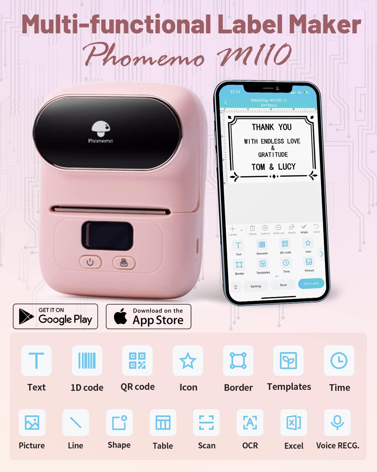 Phomemo Thermal Label Maker - M110 Barcode Label Printer Portable Bluetooth Labeler Maker Machine for for Small Business, Address, Logo, Clothing, Mailing, with 40x30mm Label, Pink