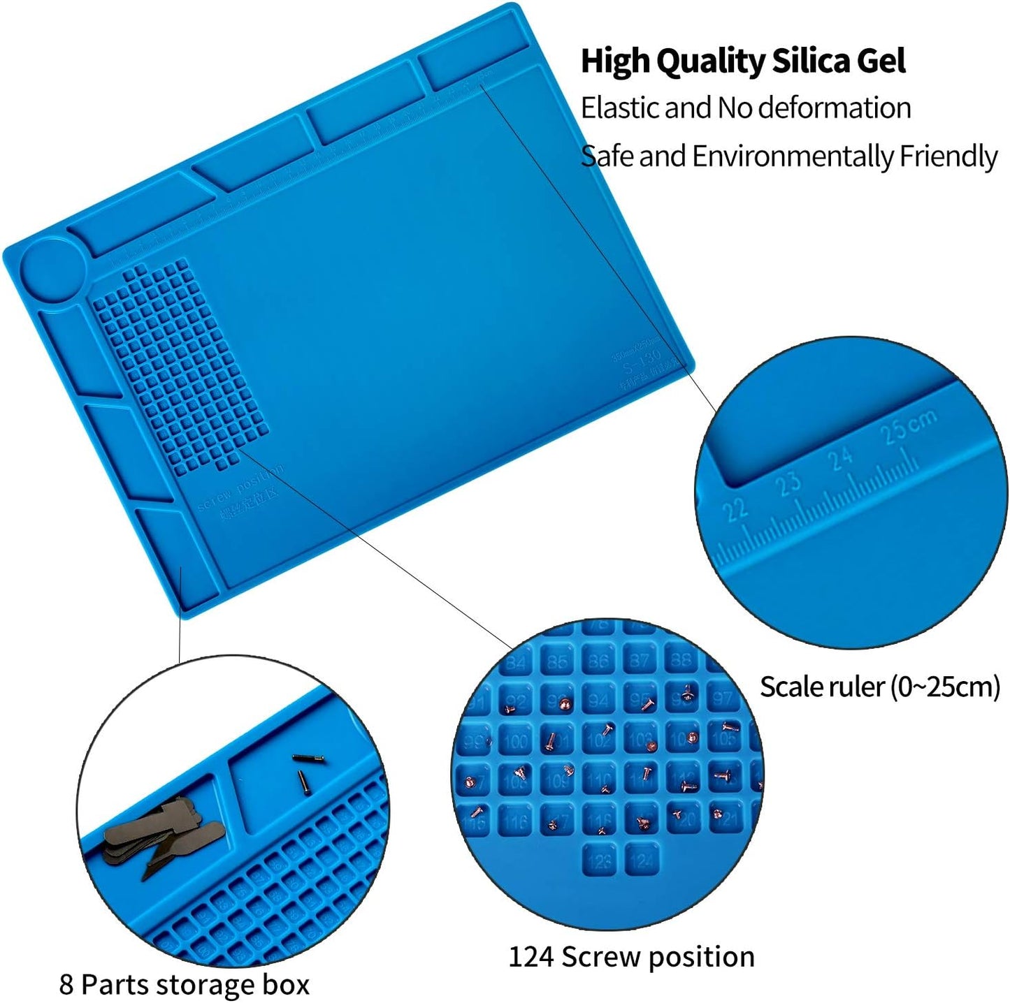 Kaisi S-130 Insulation Silicone Soldering Mat Repair Mat, Heat Resistant Silicone Work Mats 932°F with Scale Ruler and Screw Position for Soldering, CellPhone Electronics Repair, Size: 13.8 x 9.8 inch