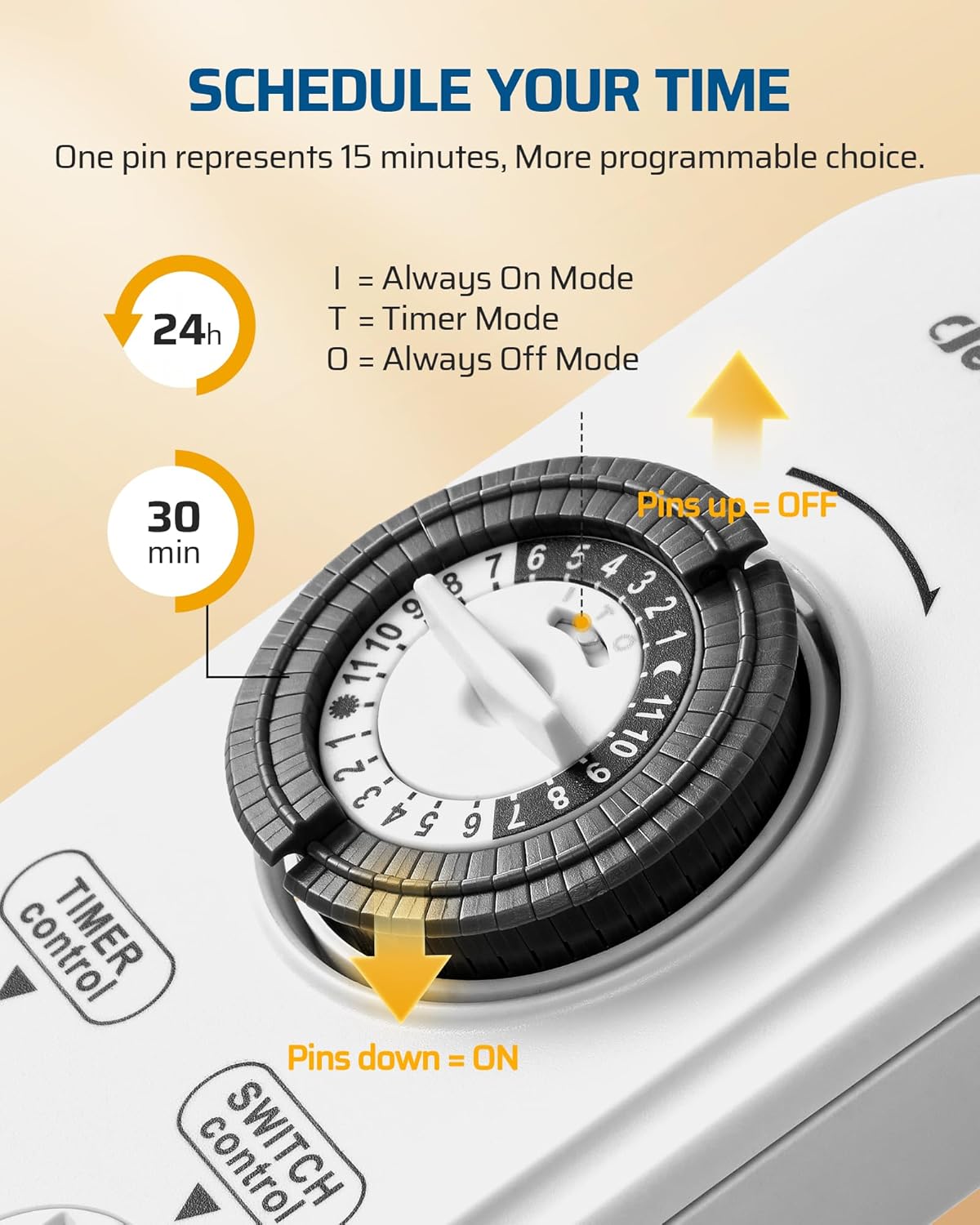 DEWENWILS Mechanical Timer Power Strip with 8 Outlets, Flat Plug, 6ft Long Cord, Overload Protection, Indoor Timer for, Bearded Dragon Tanks, Aquarium, Grow Lights, Plants, Reptile Light, UL Listed
