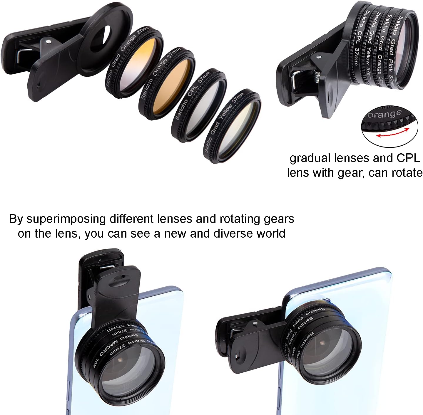 Reef Coral Lens for Phone, Smartphone Camera Reef Lens,11 Kits in a Whole Coral Reef Filter Lens Set，1 Dust Case 2 Clips 8 Lenses Yellow,Orange,Gradual Yellow Orange Pink,Star6,CPL,Macro