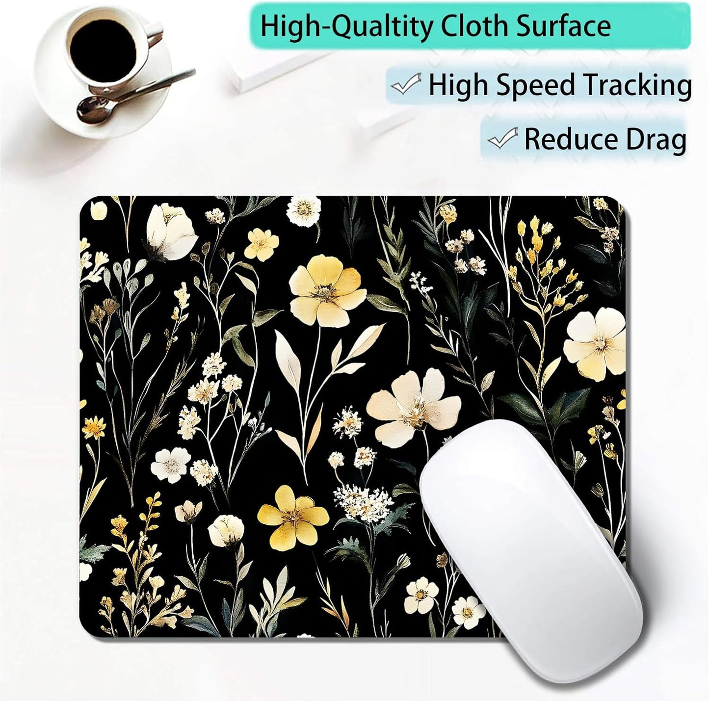 Wildflowers Aesthetic Floral Custom Mouse Pad with Non-Slip Rubber, Small Square Design for Wireless Laptop & Computer Mouse Pads for Desk, 9.5 x 7.9 inch Smooth Surface for Gaming & Office