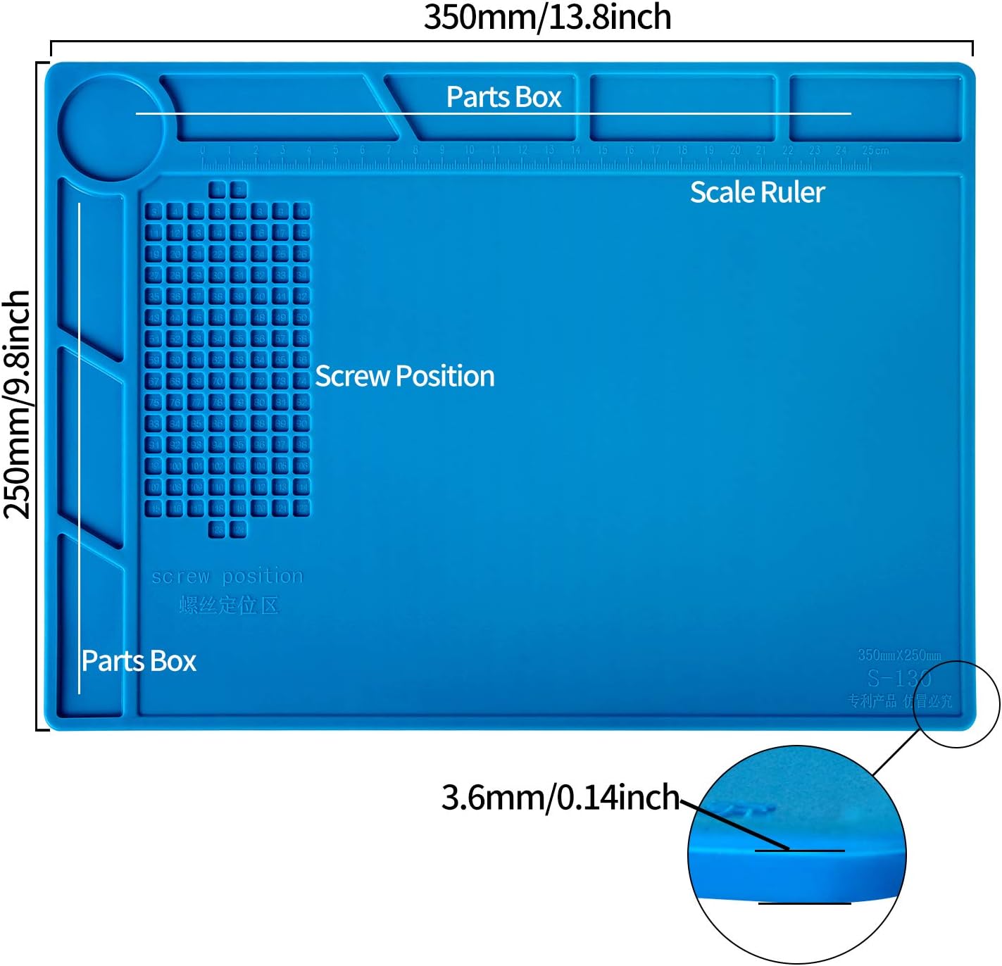Kaisi S-130 Insulation Silicone Soldering Mat Repair Mat, Heat Resistant Silicone Work Mats 932°F with Scale Ruler and Screw Position for Soldering, CellPhone Electronics Repair, Size: 13.8 x 9.8 inch