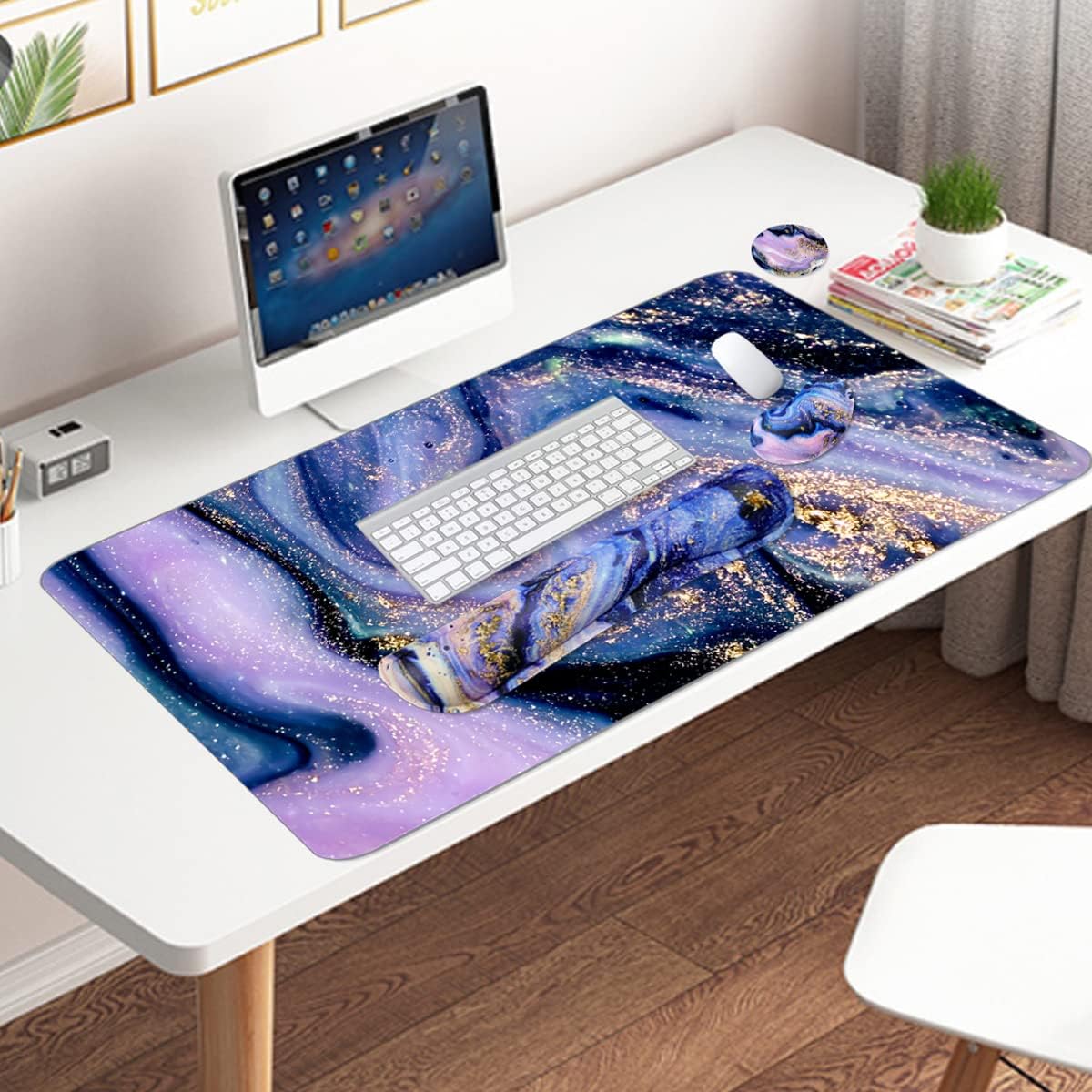 4-in-1 Large Gaming Mouse Pad and Keyboard Wrist Rest, Desk Pad for Keyboard and Mouse, Non-Slip Desk Mat for Home Office Study Game-Purple Marble