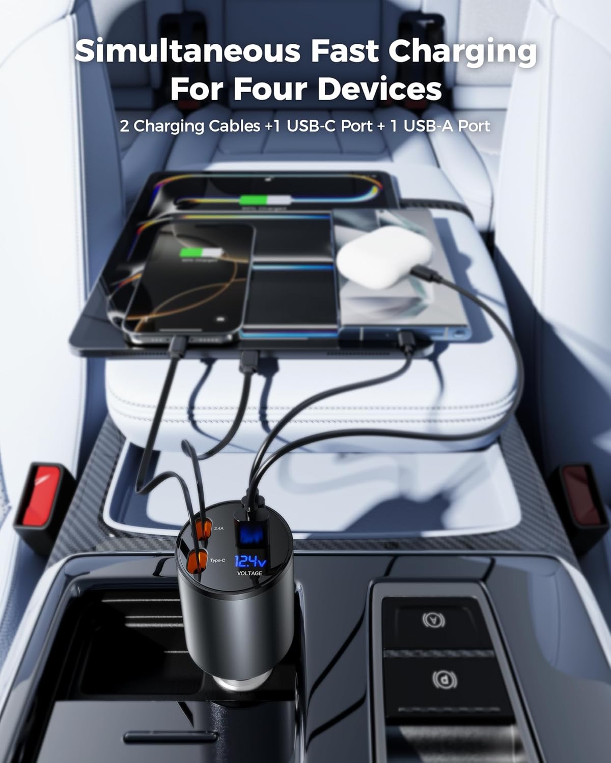 Retractable Car Charger, [2025 New] 4 in 1 Fast Car Phone Charger with Retractable Type C & L Cords, 120W USB Car Charging Adapter for iPhone 16 Pro Max 15 14 13 12, Samsung Galaxy, Pixel