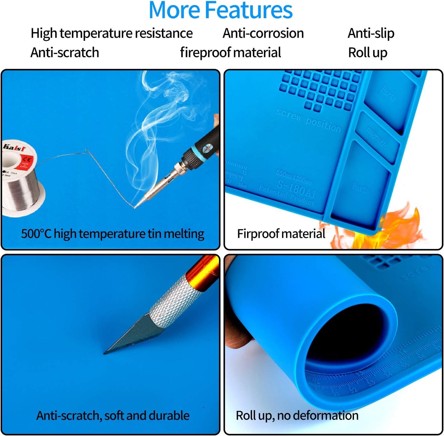 Kaisi S-180 Large Silicone Soldering Mat Magnetic Repair Work Mat, Heat Resistant Insulation Large Platform Station Pad for Soldering, Electronics, Computer Repair, Size 21.6 x 13.8 inch