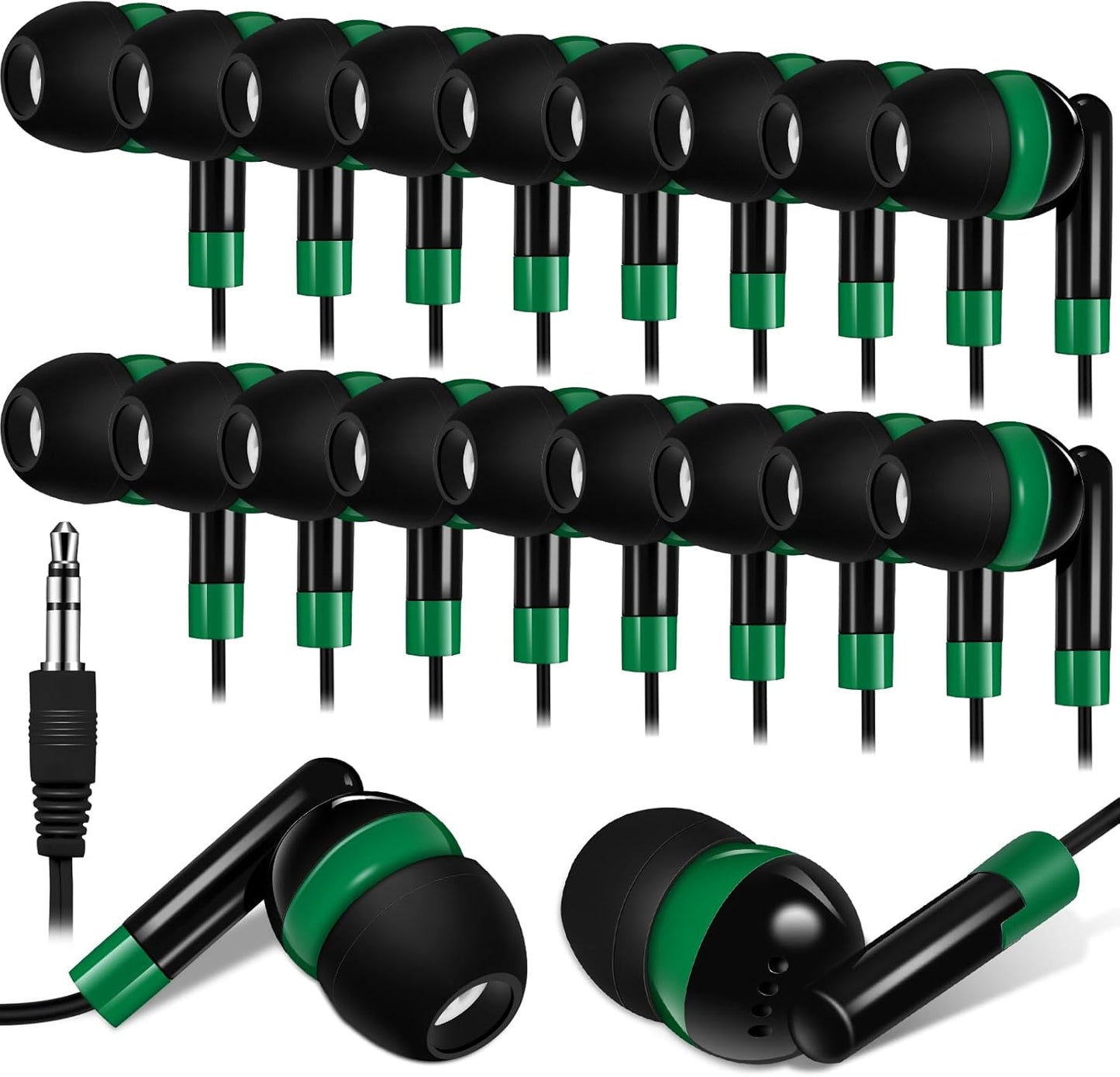 Kanayu 100 Pack Wired Earbuds Bulk for Classroom Ear Headphones Wired Basic Student Earbuds No Microphone with 3.5mm Jack for Kids Class Laptop School Library, Individually Bagged(Green)