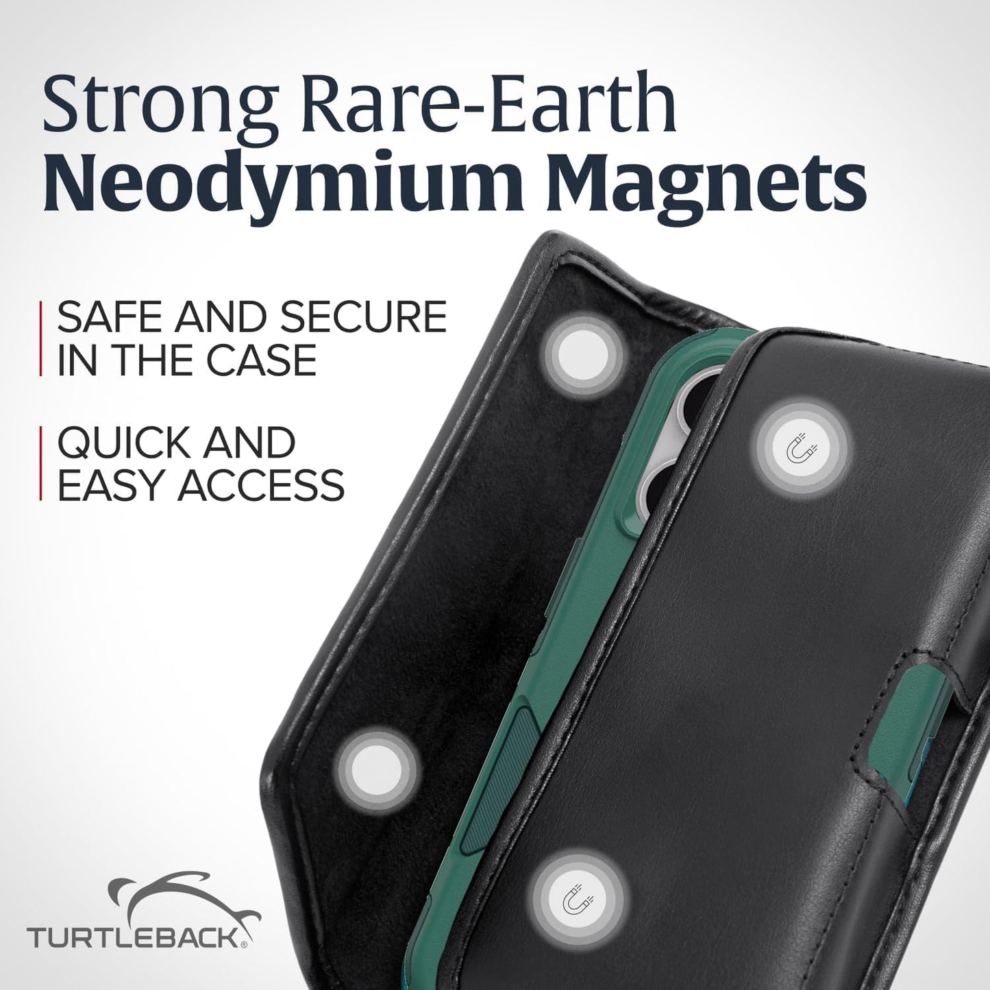 Turtleback Belt Clip for iPhone 16 Pro Max, 15 Pro Max, 14 Pro Max -Medium- Fits w/Shockproof Commuter Style Cases, Premium Black Leather, Horiz. Belt Holder, Magnetic Closure HD Rotating Clip