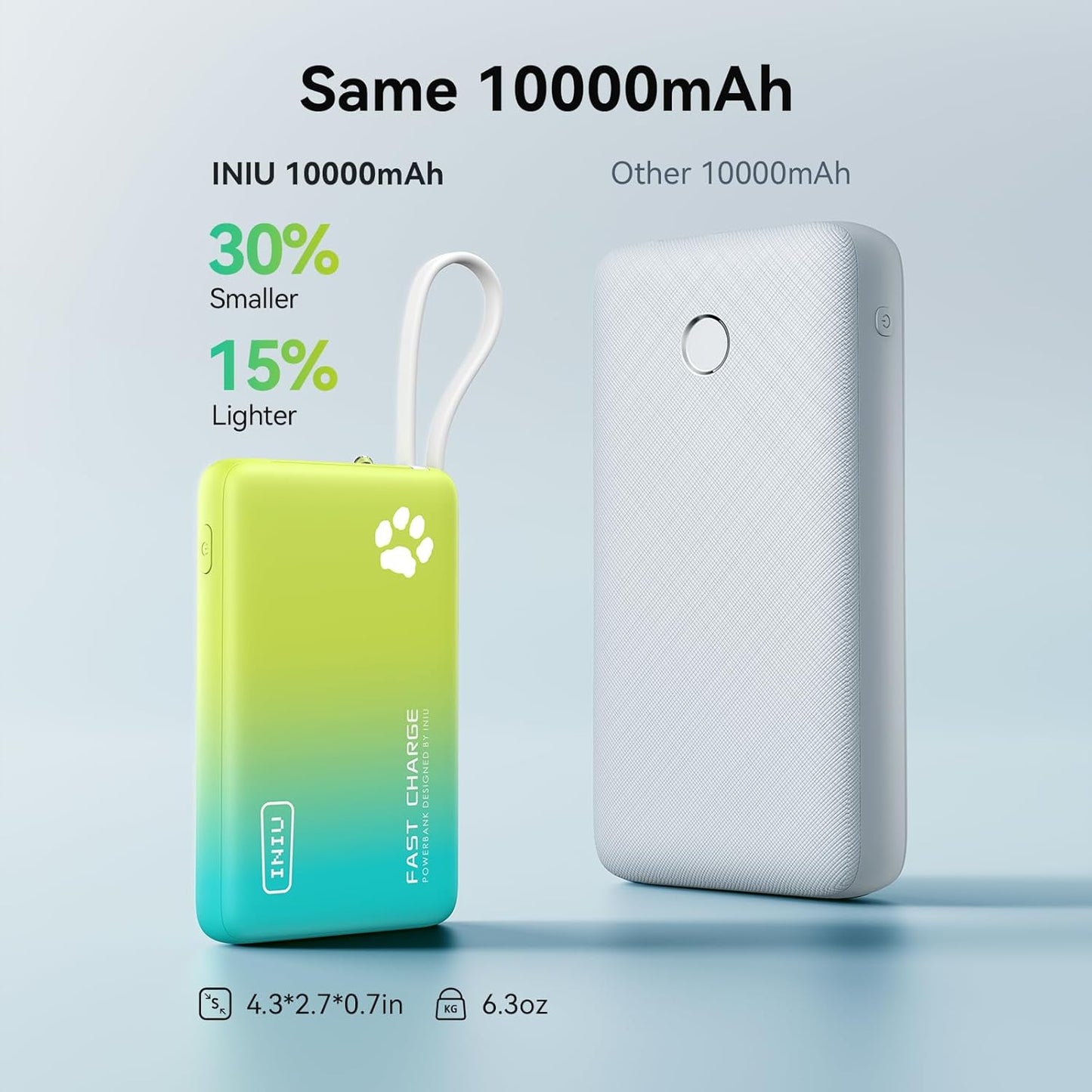 INIU PawGo Portable Charger, 45W PD 10000mAh Fast Charging Slim Power Bank, Built-in USB C Cable Battery Pack, Travel Essentials Powerbank for iPhone 16/15 Pro Max, Samsung S25/S24 etc, Tropic Punch