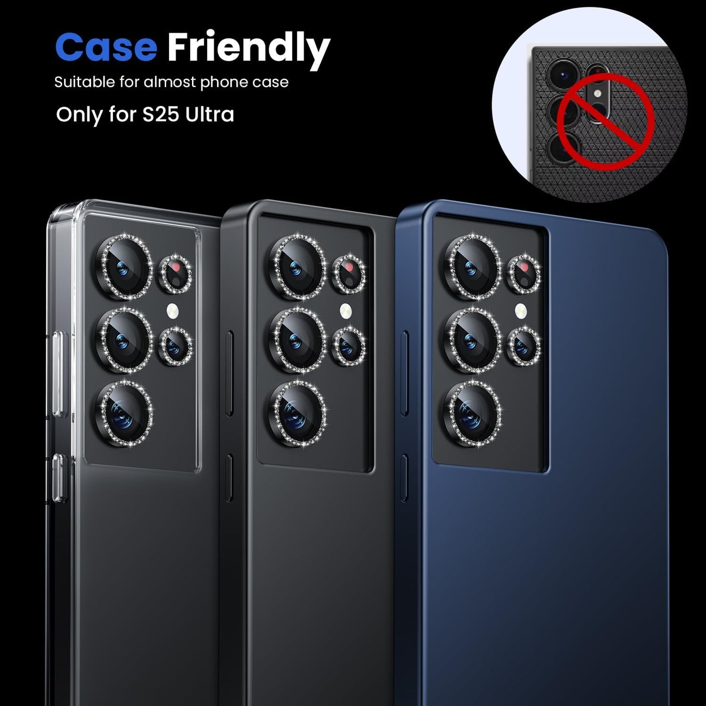 WSKEN for Samsung Galaxy S25 Ultra Camera Lens Protector - Ultra Thin Case Friendly, 9H Shatterproof Tempered Glass with Aluminum Metal Circle Camera Screen Protector Cover Accessories, Glitter Black