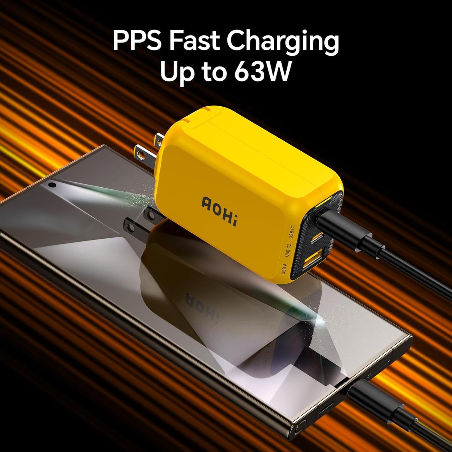 AOHI Youth 65W GaN+ USB C Charger Block, 3-Port PPS Type C Compact Foldable Laptop Fast Wall Charger for MacBook Pro/Air, iPad Pro, iPhone 16/15 Pro Max, Galaxy S24, Pixel, Steam Deck and More, Yellow