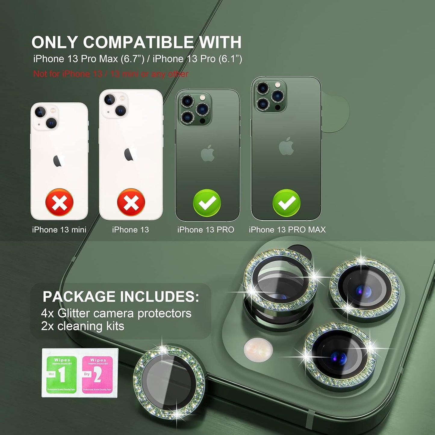 Choiche [3+1 for iPhone 13 Pro/iPhone 13 Pro Max Camera Lens Protector Bling, 9H Tempered Glass Camera Cover Screen Protector Metal Ring Decoration Accessories (Glitter-Alpine Green)