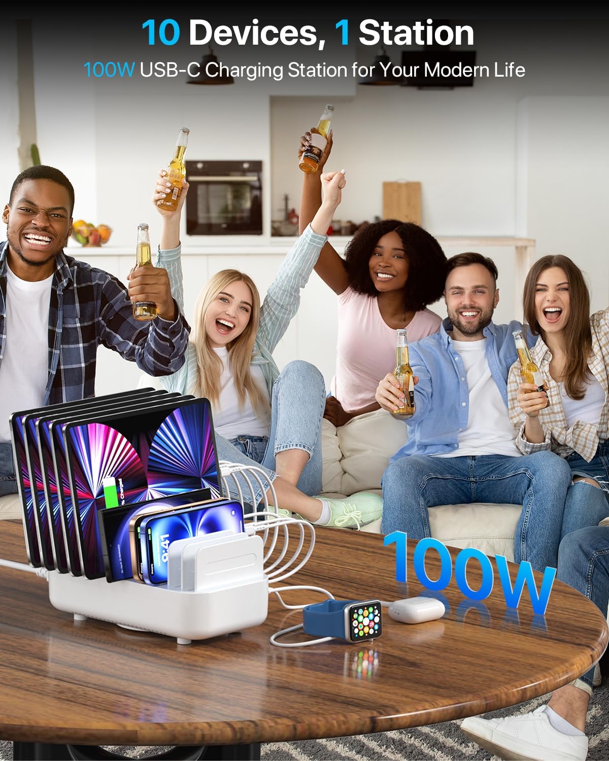 SooPii USB Charging Station,100W Fast Charging Station for Multiple Devices with 10pcs USB C Cables,10-Port Type C Phone Charger Station Organizer Compatible with lPad,Tablet,Kindle and More(White)