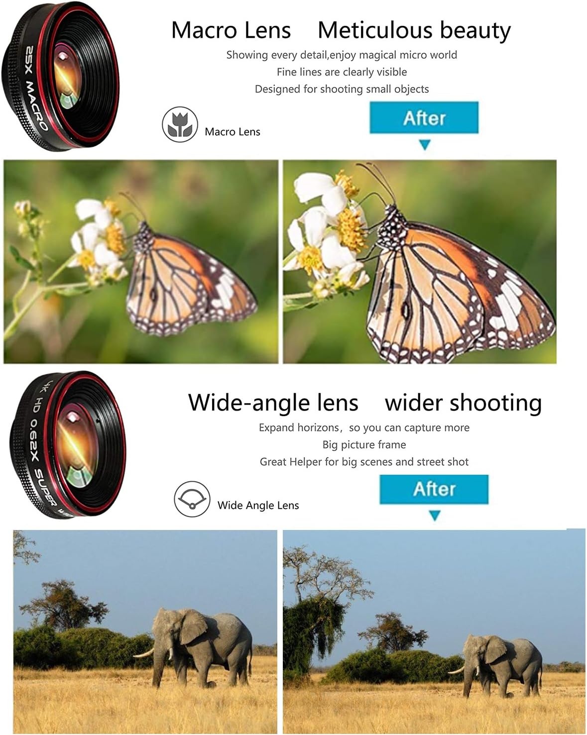 Phone Camera Lens Kit 10 in 1 for iPhone Samsung Pixel Android, 22X Telephoto Lens, 0.62X Super Wide Angle Lens&25X Macro Lens, 235° Fisheye,Kaleidoscopes, Starlight，Tripod，for Most Smartphone Black
