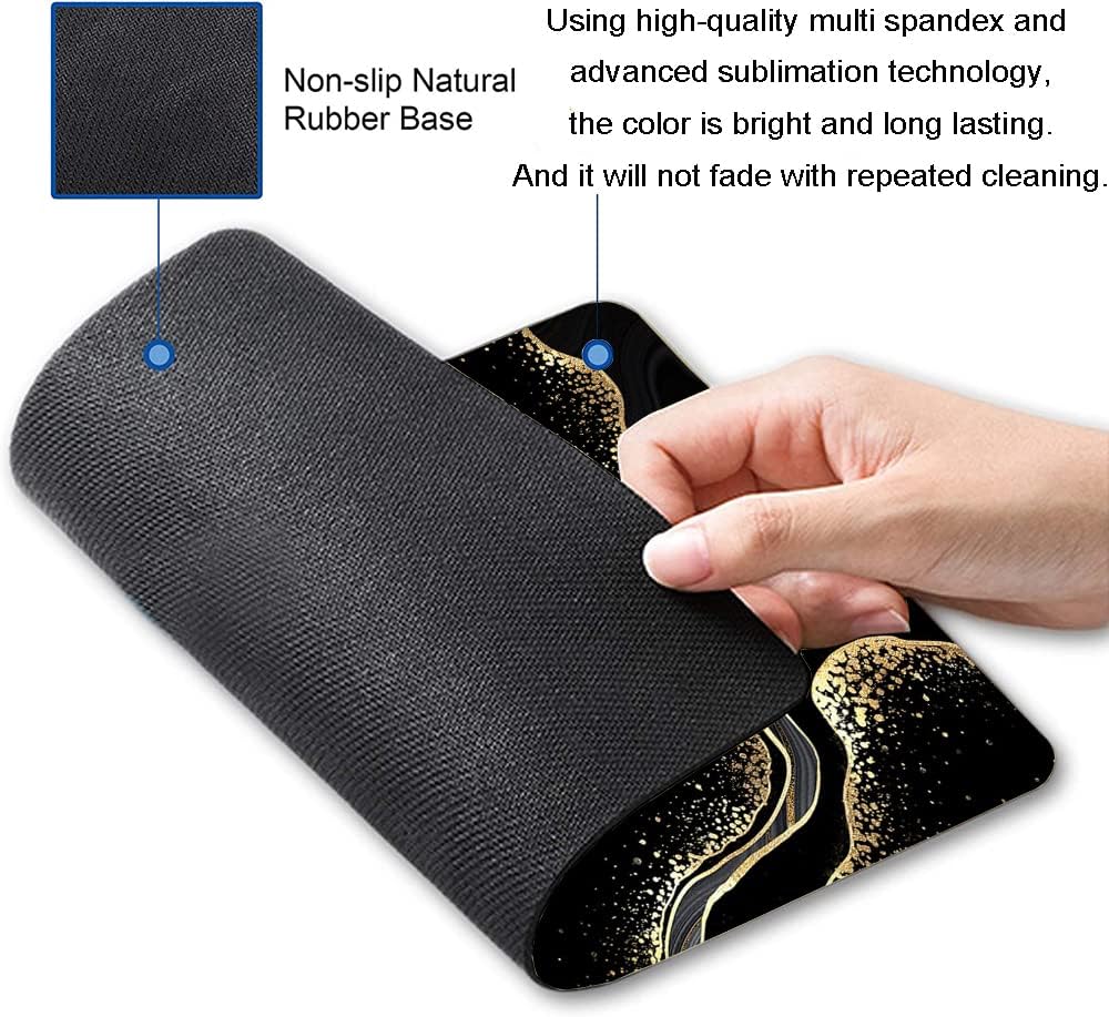 Mouse Pad Marble, Cute Personalized Mouse Pads with Design, Square Washable Cloth Mouse Mat, Gaming Office Home Non-Slip Rubber Base Computer Mousepad, Black Gold Marble