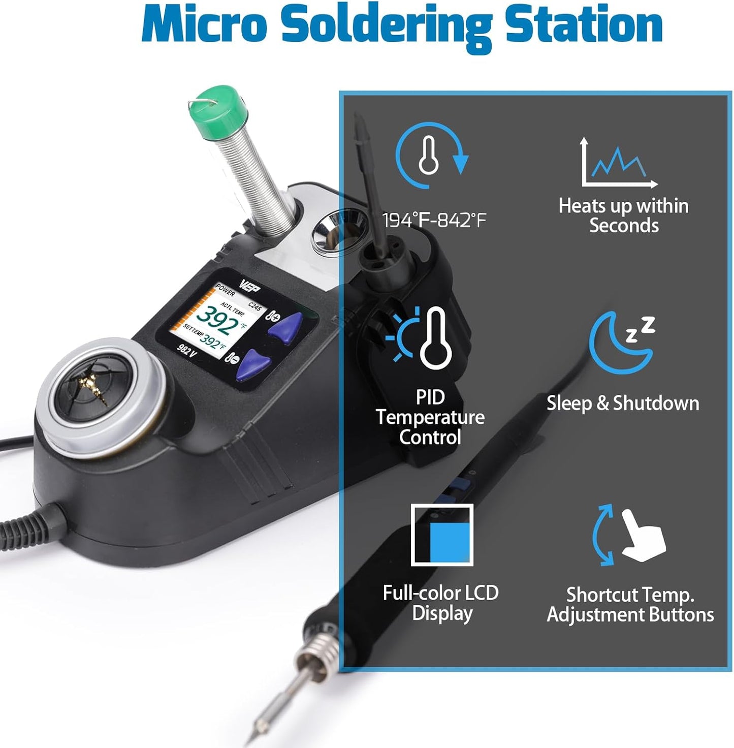 WEP 982-V Micro Soldering kit with 5 C245 Soldering Iron Tips, Temperature Control, Sleep Mode, Auto Shutdown and LCD Display