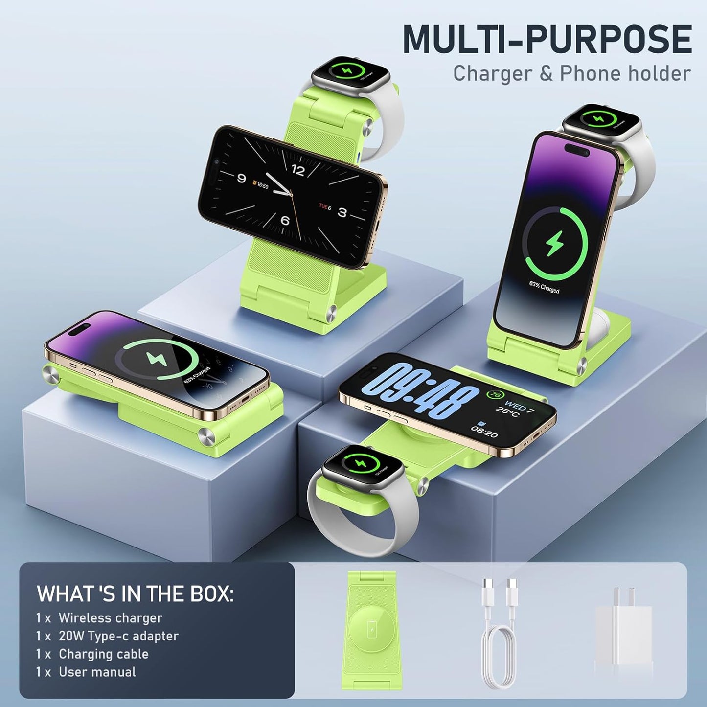 Magnetic Wireless Charger Stand, 3 in 1 Foldable Wireless Charging Station, Travel Charger for Multiple Devices for iPhone 15 14 13 12 Series, Apple Watch Ultra/SE/9/8/7/6/5/4/3/2, AirPods