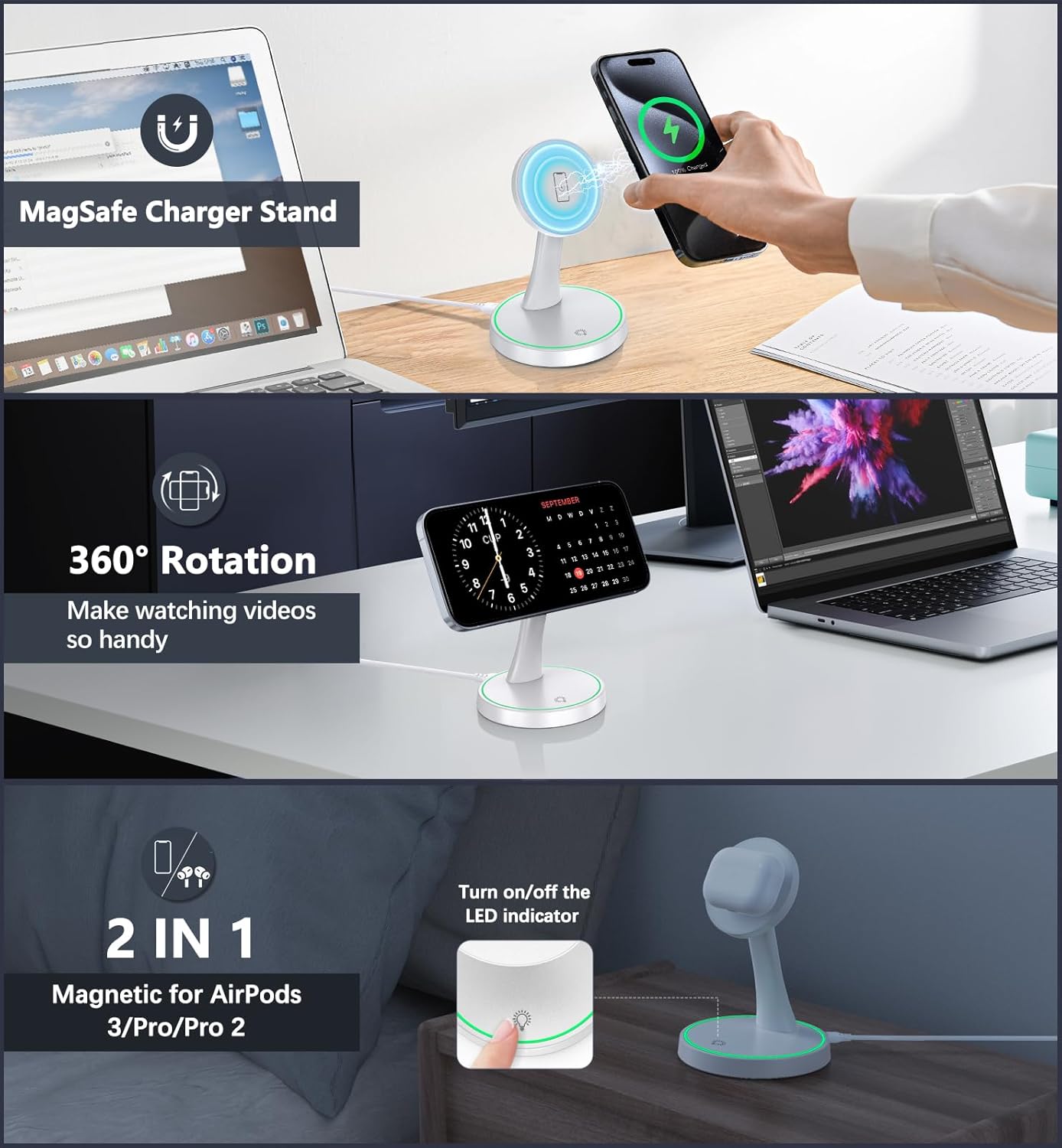 2 Pack Magnetic Wireless Charger Stand 15W Fast Mag-Safe Charger for iPhone 16/16 Pro/16 Plus/16 Pro Max/15/14/13/12 Series Magnet Wireless Charging Station/Pad with Sleep-Friendly Light for AirPods