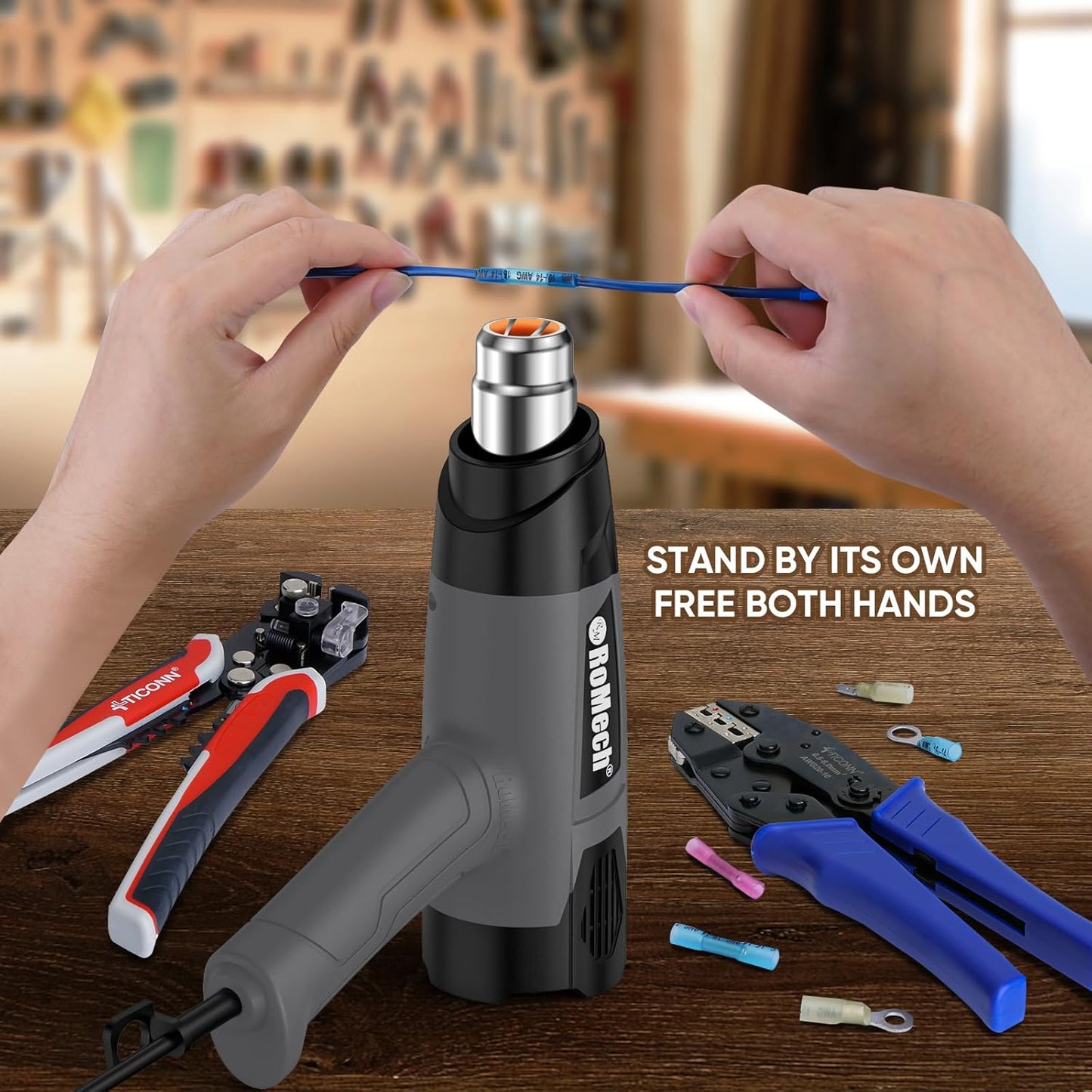 ROMECH 1500W Heavy Duty Heat Gun, Variable Temperature Control Hot Air Gun Kit with 2 Air Flow 120°F~1200°F and 4 Nozzles for Crafts Shrink Wrap (Gray)