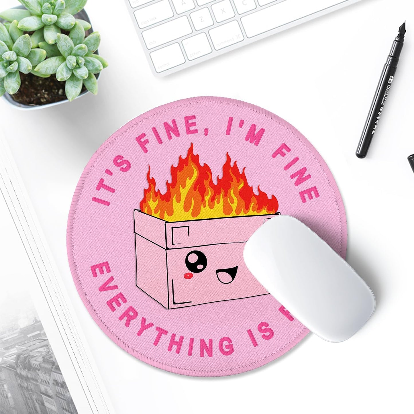 ITNRSIIET Round Mouse Pad with Stitched Edge Premium-Textured Waterproof Non-Slip Rubber Base Desktop Protection Mat Diameter 8.7 inches, Pink Cute Dumpster